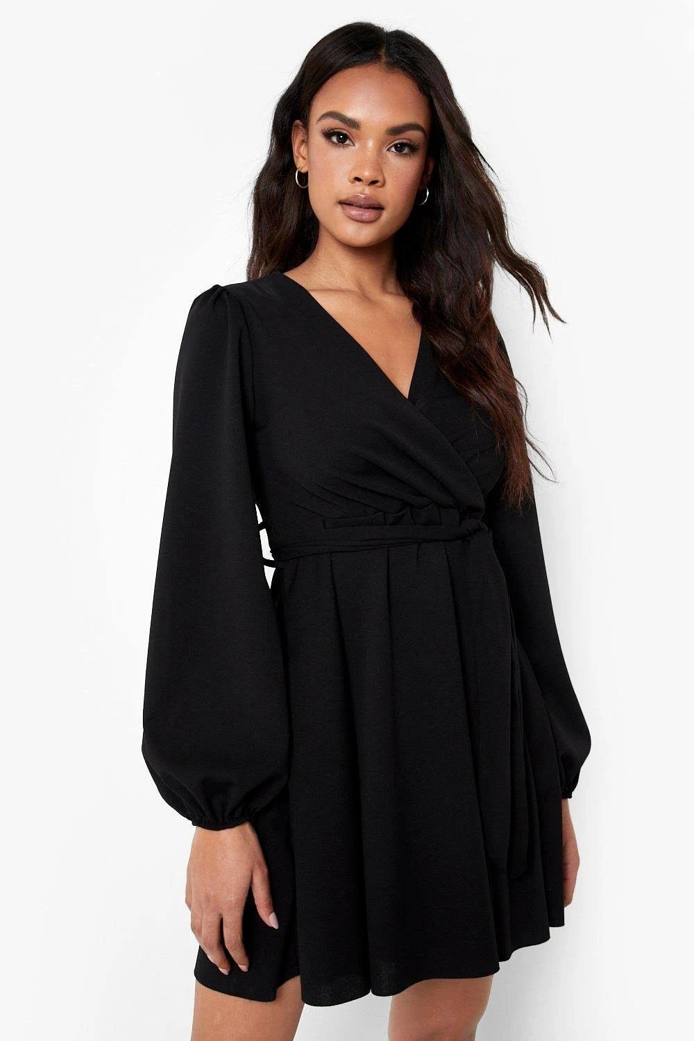Boohoo Balloon Sleeve Wrap Mini Skater Dress - Stylish Cover-up for any Occasion | Image