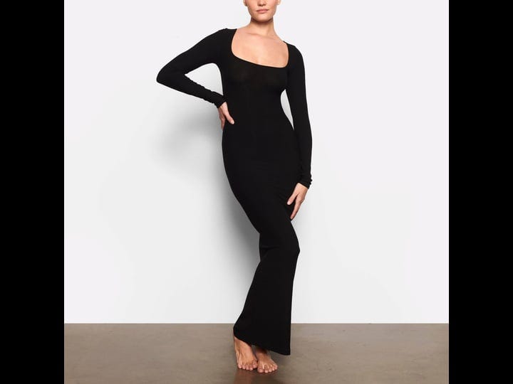 skims-black-soft-lounge-rib-long-sleeve-dress-onyx-1