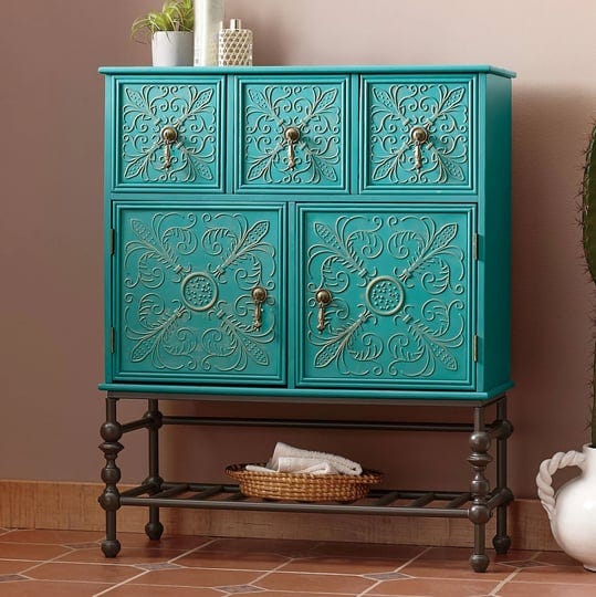 embossed-floral-bathroom-cabinet-teal-1