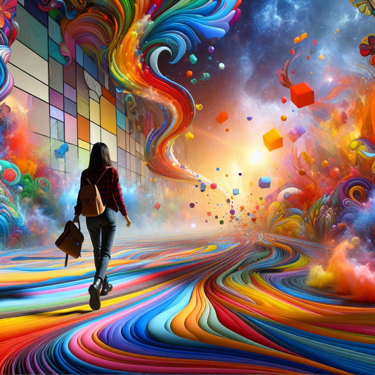 An Asian woman walks on a colorful, dynamic path with abstract shapes and vibrant colors emerging from each step.