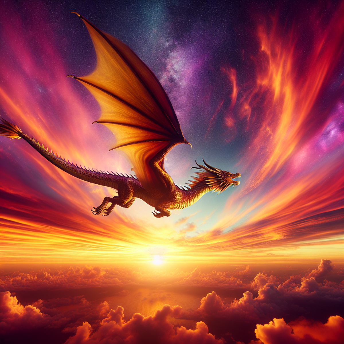 Golden dragon flying through vibrant sunset sky