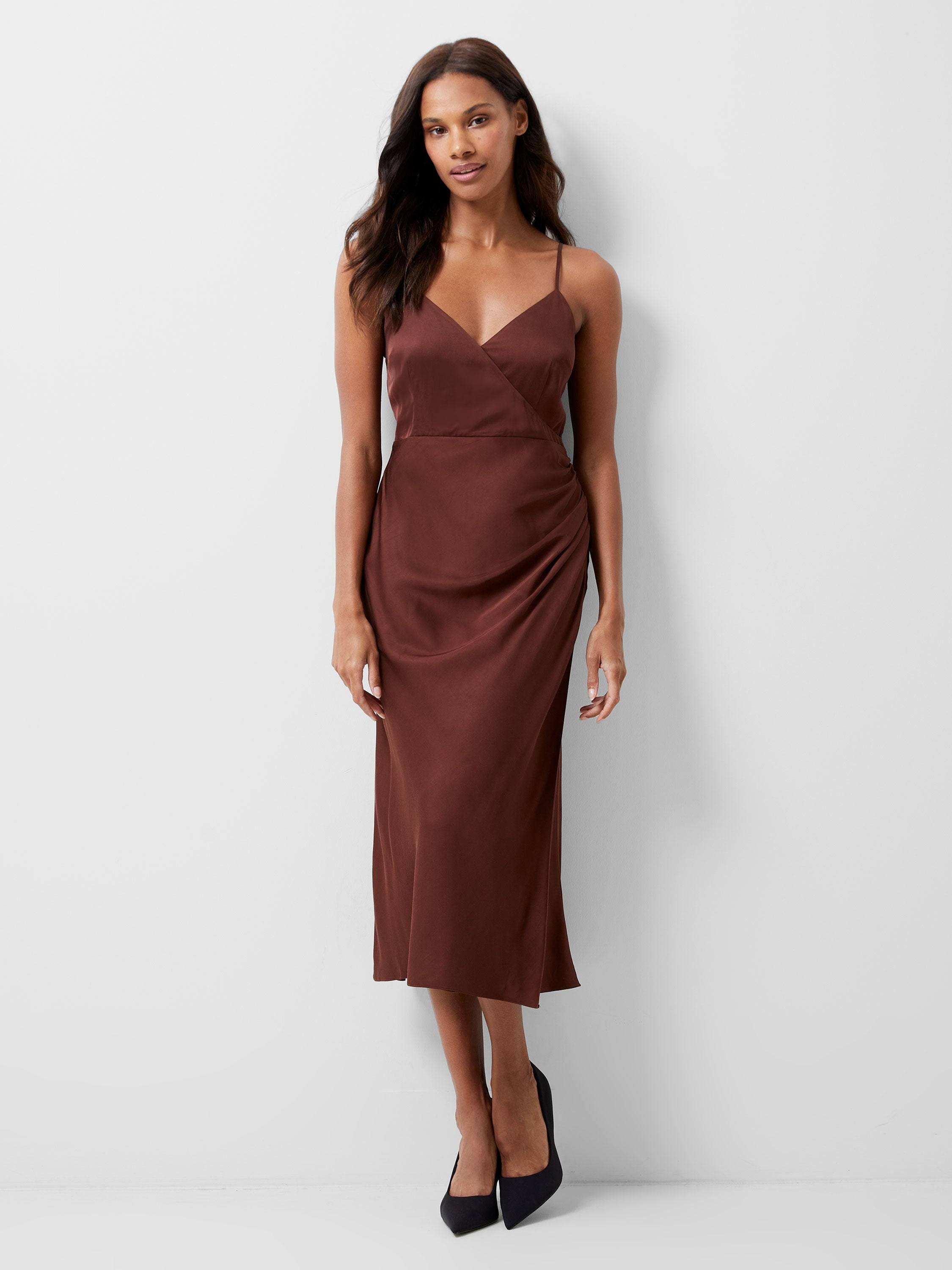 Whisper-Weight Brown Satin Midi Dress by French Connection | Image
