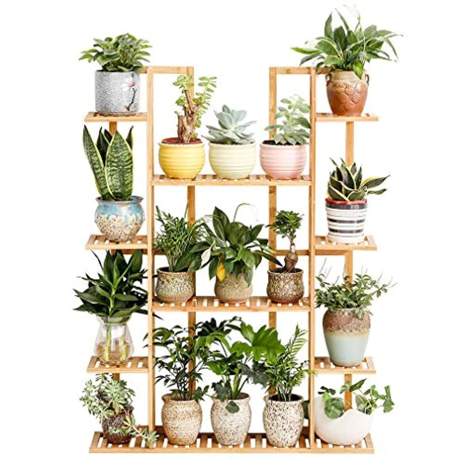 Bamboo 9-Tier 17 Potted Plant Display Rack - Stylish & Practical Indoor/Outdoor Shelving | Image