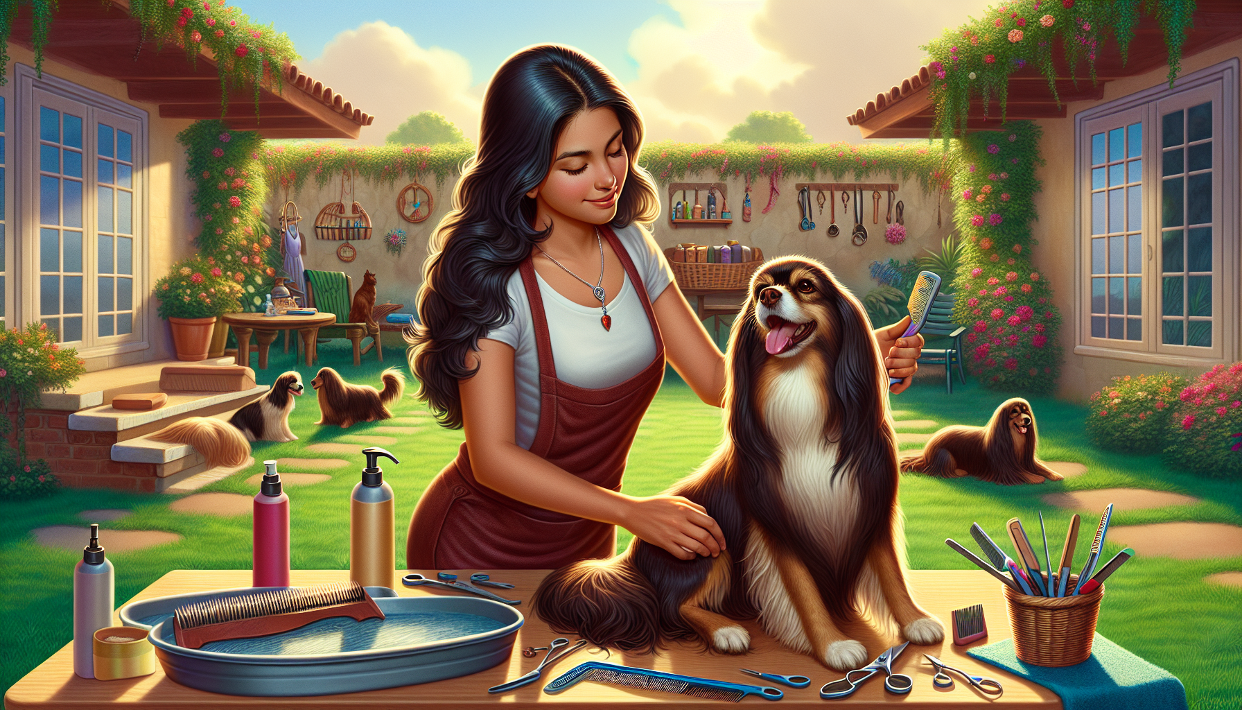 Create an illustration of a serene scene where a person is grooming a long-haired dog in a picturesque backyard. The person is using various grooming tools such as brushes, scissors, and a dematting comb. The dog appears calm and happy, with its long, flowing coat shining under the sunlight. In the background, there are other grooming essentials like shampoo, a grooming table, and a tub, along with a few other long-haired dogs playing and waiting for their turn. The entire setting is lush with green grass, colorful flowers, and a comfortable, inviting atmosphere.