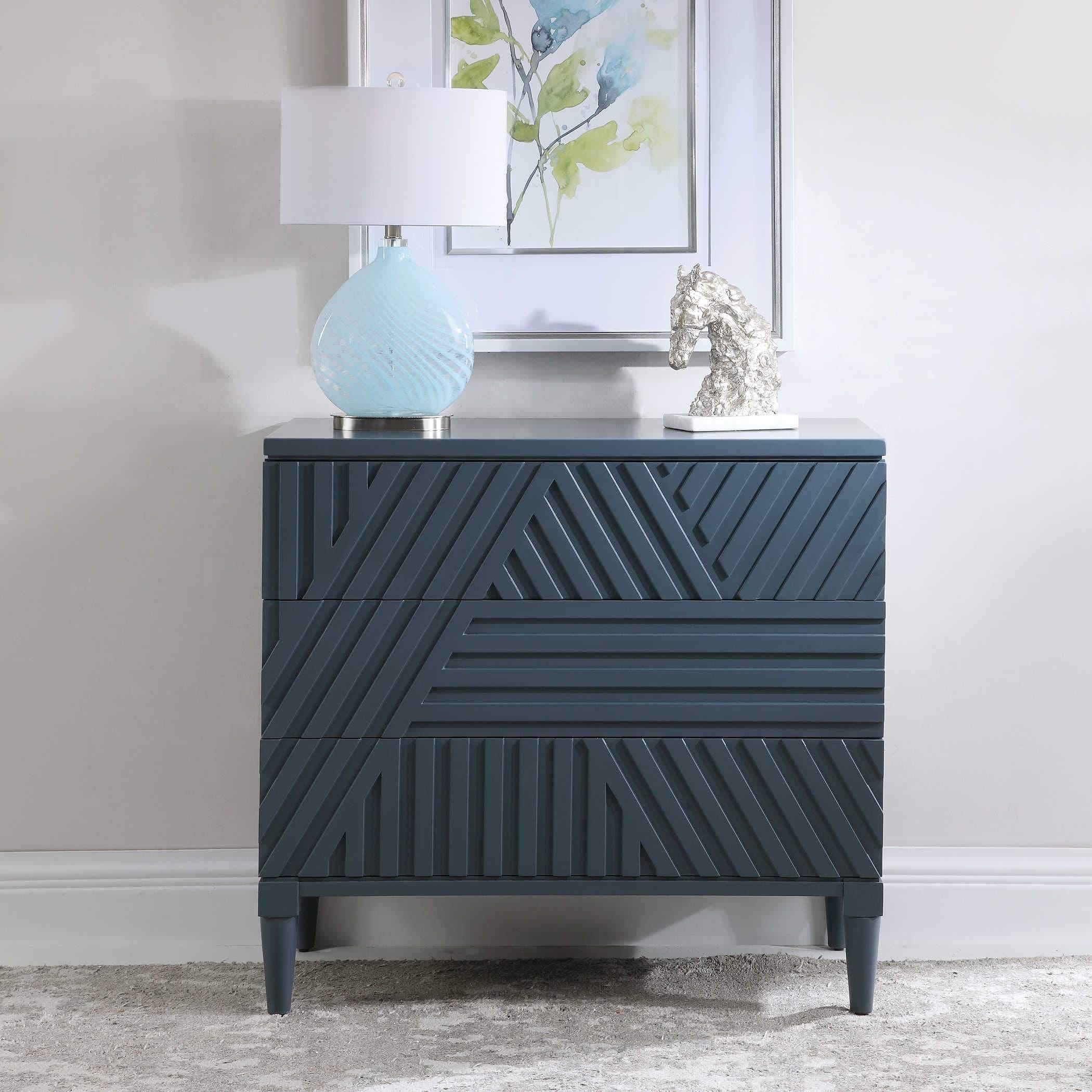 Contemporary Blue 3-Drawer Chest with Geometric Accents | Image