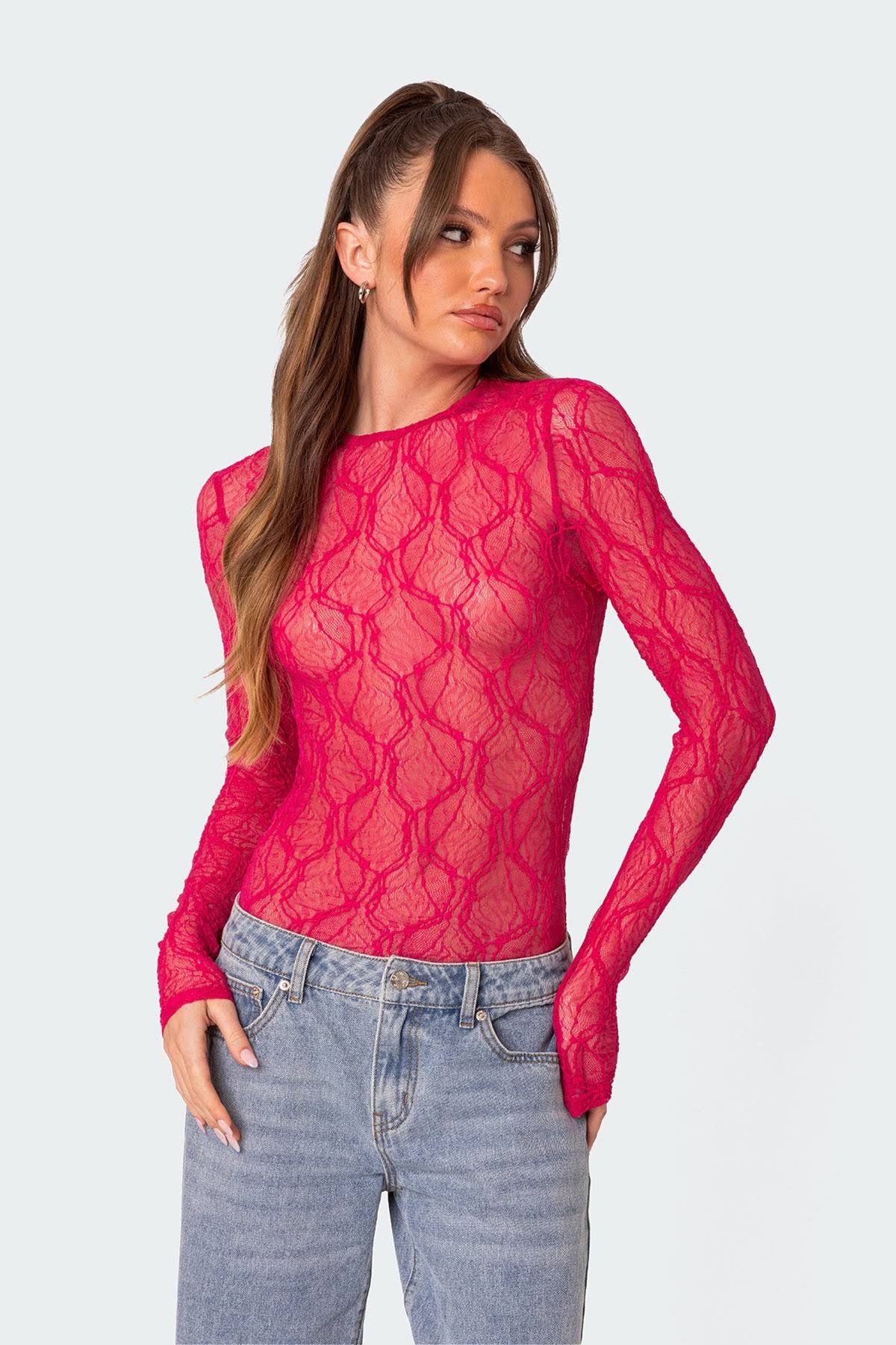 Luscious Lace Bodysuit with Jewel Neck and Long Sleeves | Image