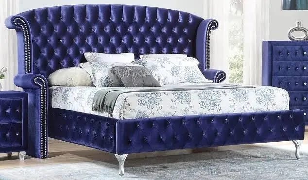 Blue Velvet King Platform Bed by Furniture World | Image
