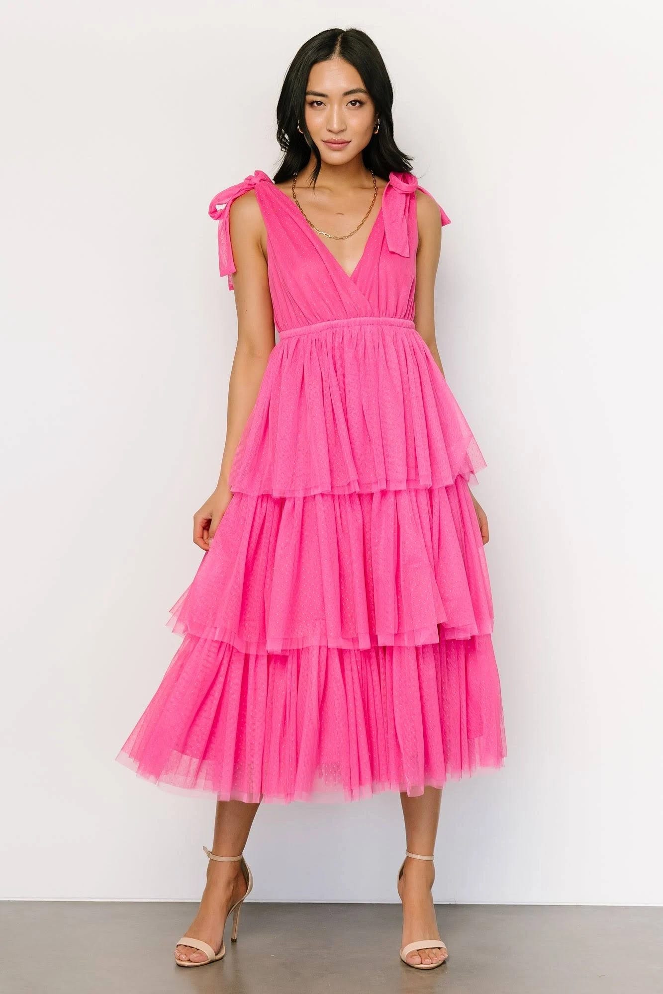 Sleek Tiered Tulle Tank Dress in Hot Pink | Image