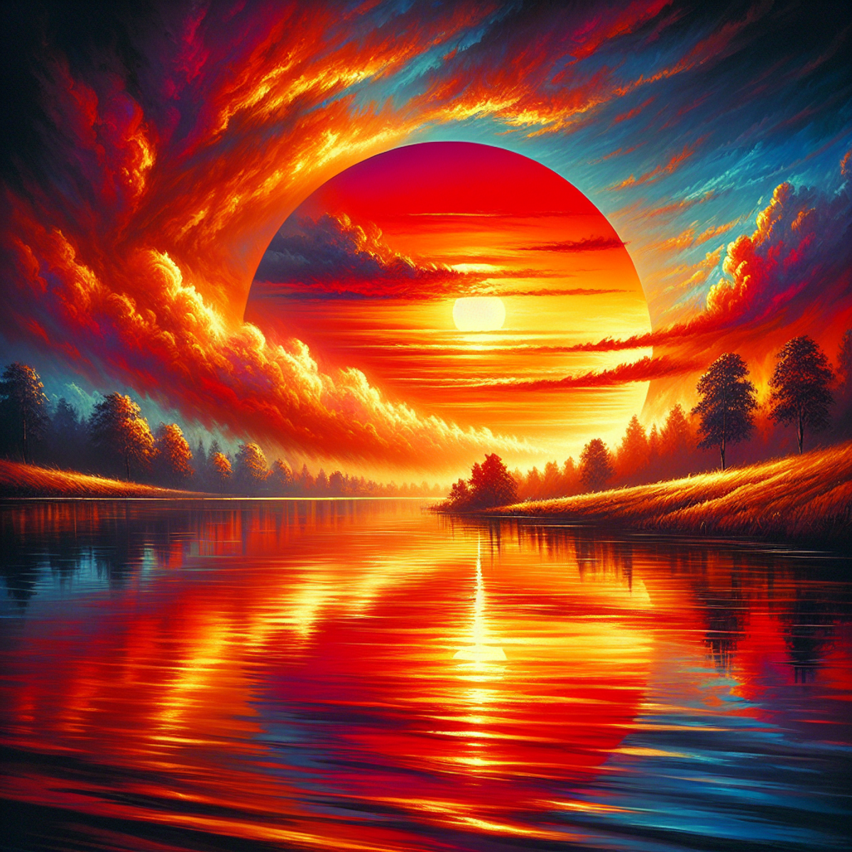 A stunning sunset over a calm lake, with vibrant orange and red hues reflecting on the water.