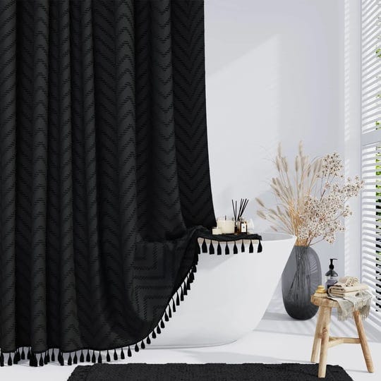 dynamene-boho-farmhouse-shower-curtain-black-fabric-tufted-chevron-striped-textured-tassel-shower-cu-1