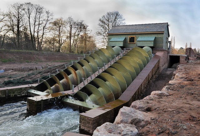 Two parallel Archimedes screw turbines capable of producing 75 kW each