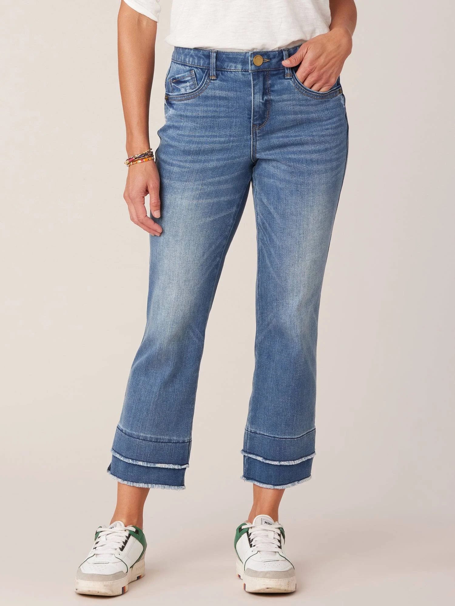 Petite Flared Denim Jeans with Fray Heem and Ab-Solution Fit | Image