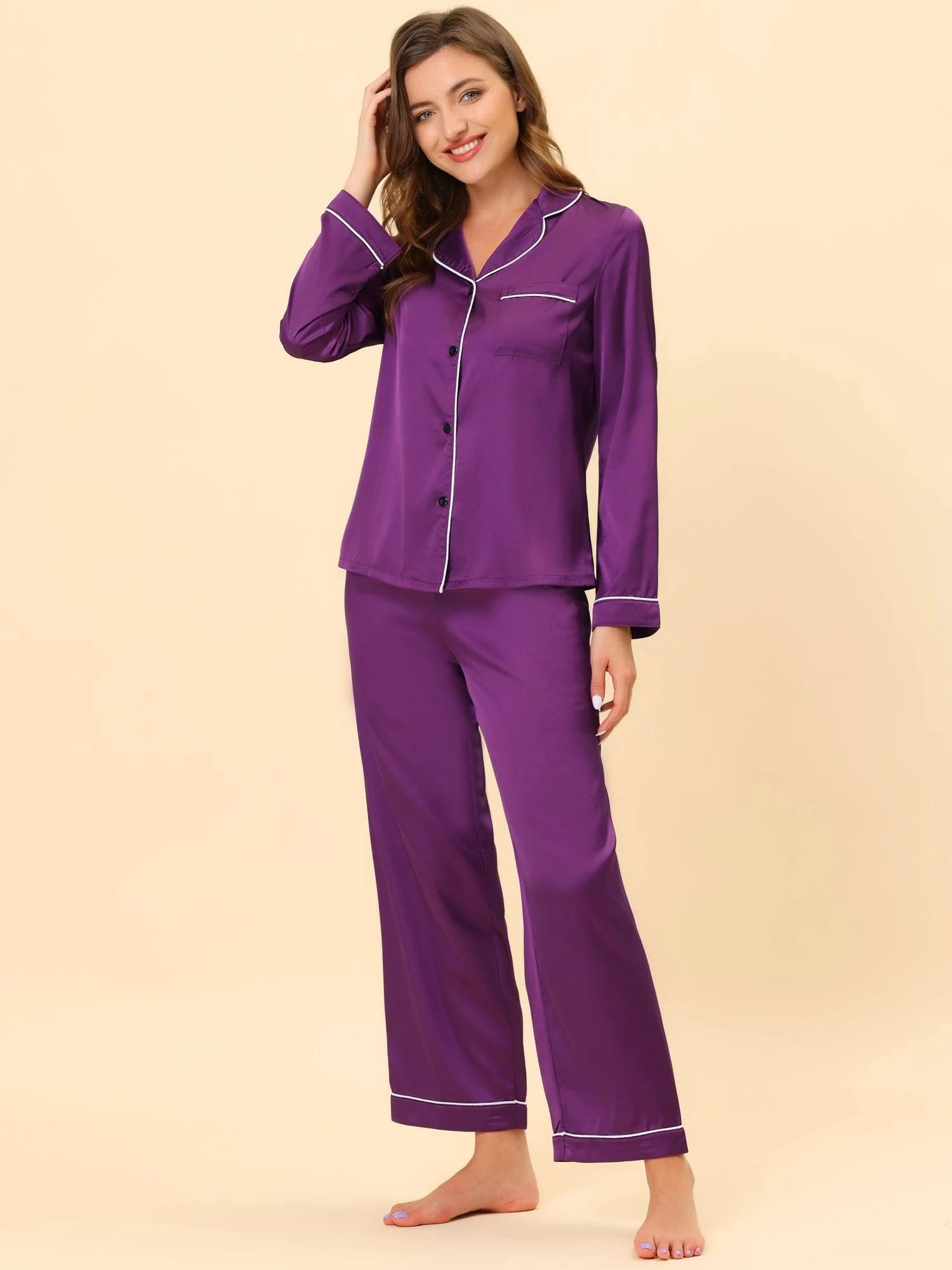 Lavender Satin Lounge Pajamas - Comfortable Sleepwear for Women | Image