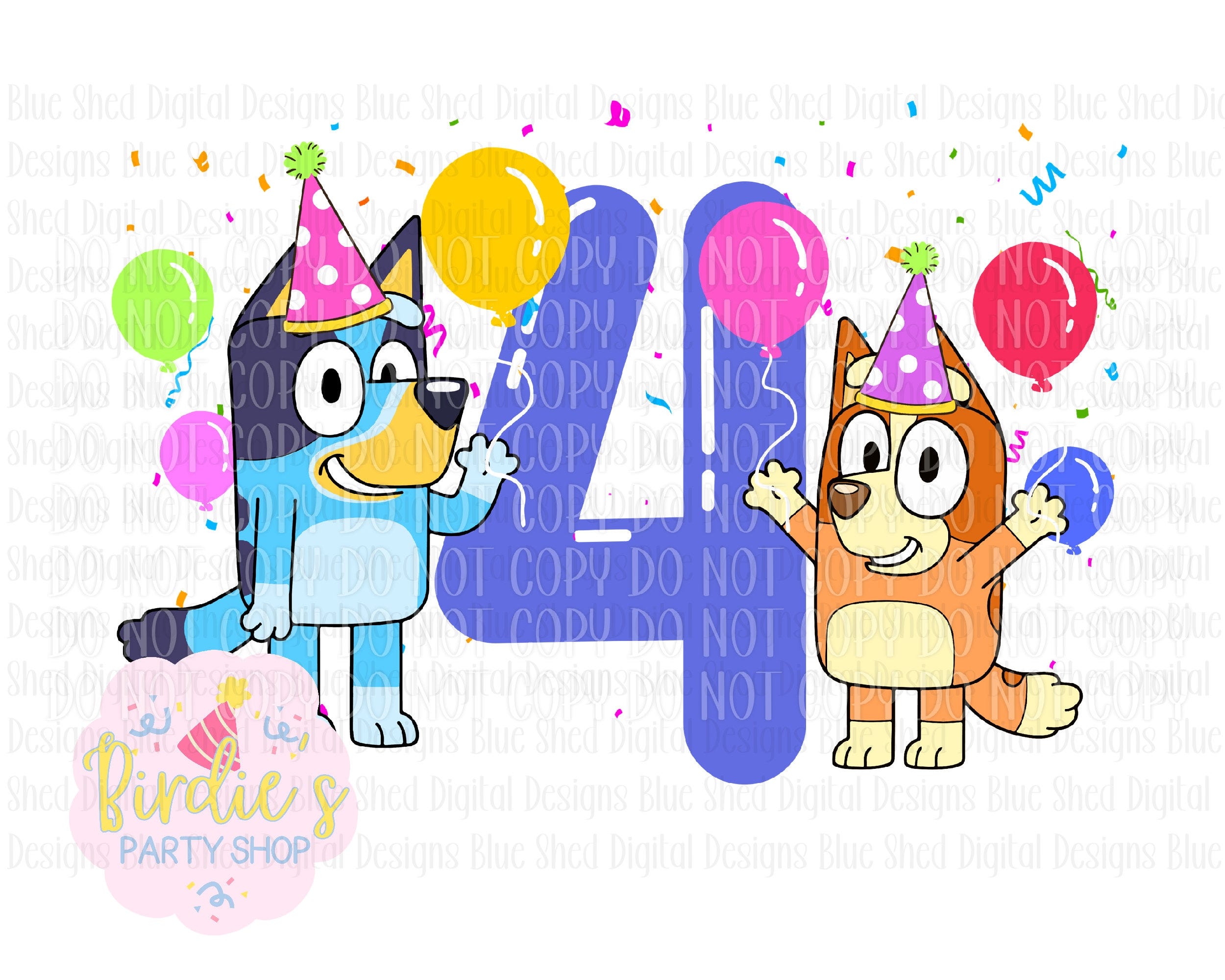 Bluey fourth birthday t-shirt or sticker design for dtf or sublimation printing. 4 year old Stickers party supplies decor bingo
