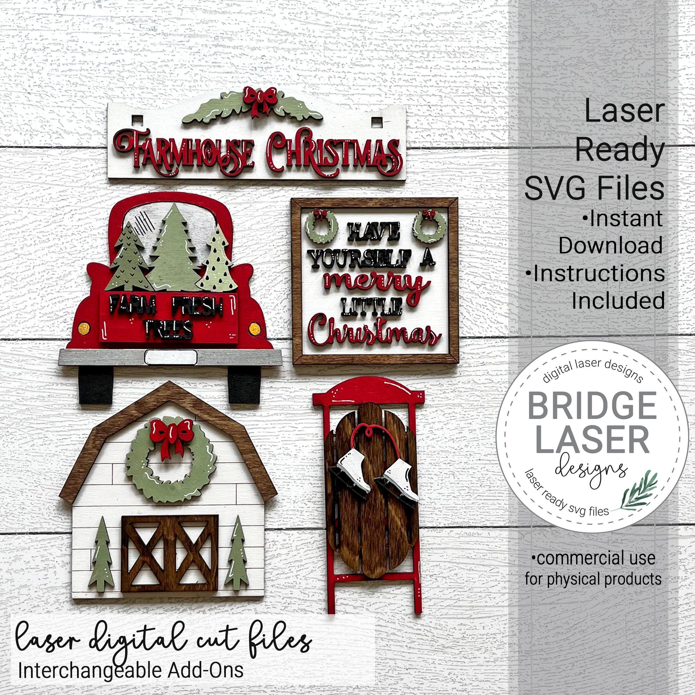 Farmhouse Christmas Laser Cut File Add On, Christmas Interchangeable Crate/Fence Tier Tray, Christmas Farm Truck Sleigh Barn Laser File SVG