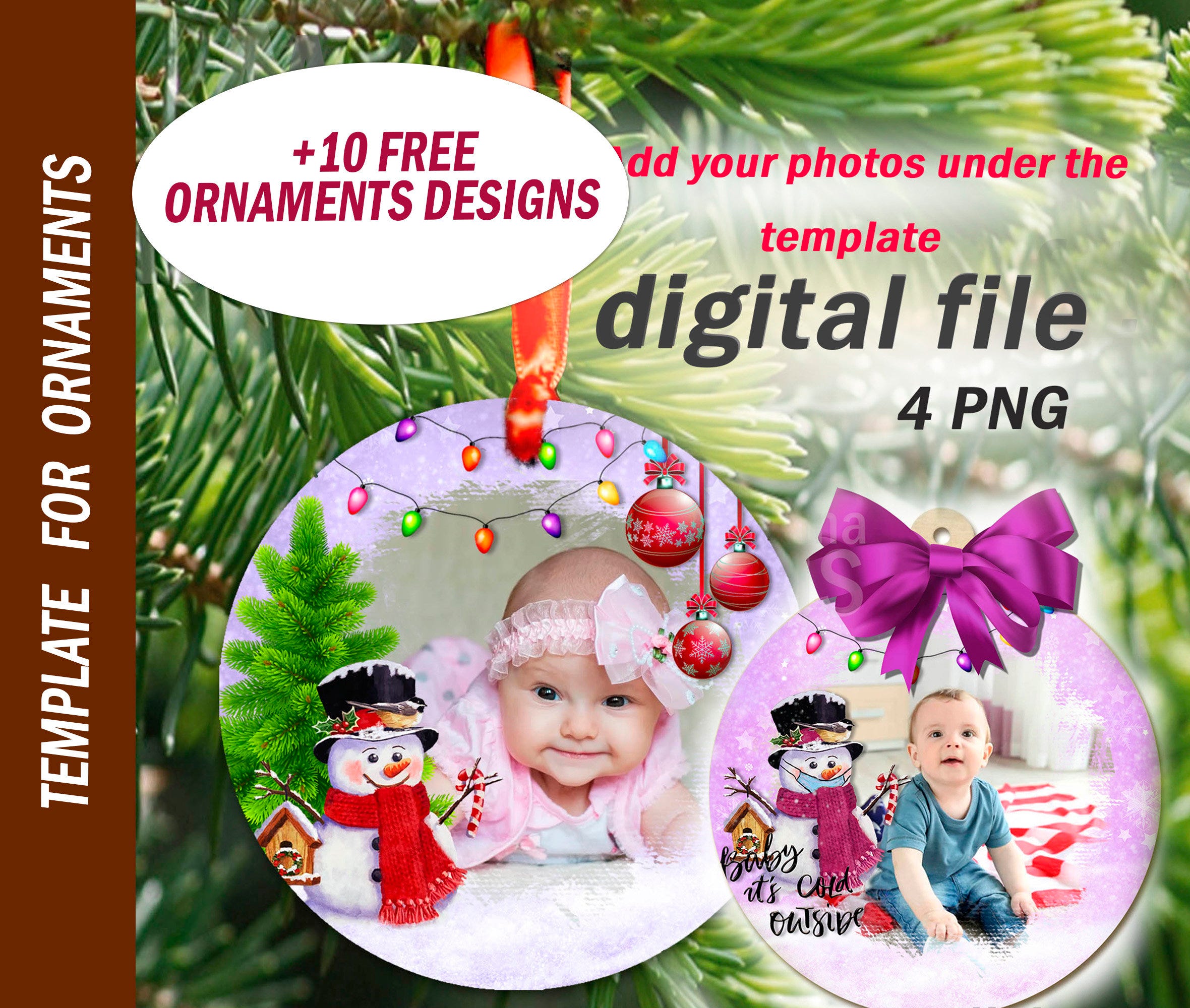 First Christmas ornament digital downloads Ornament template set with snowman png files for baby photo Kids sublimation designs