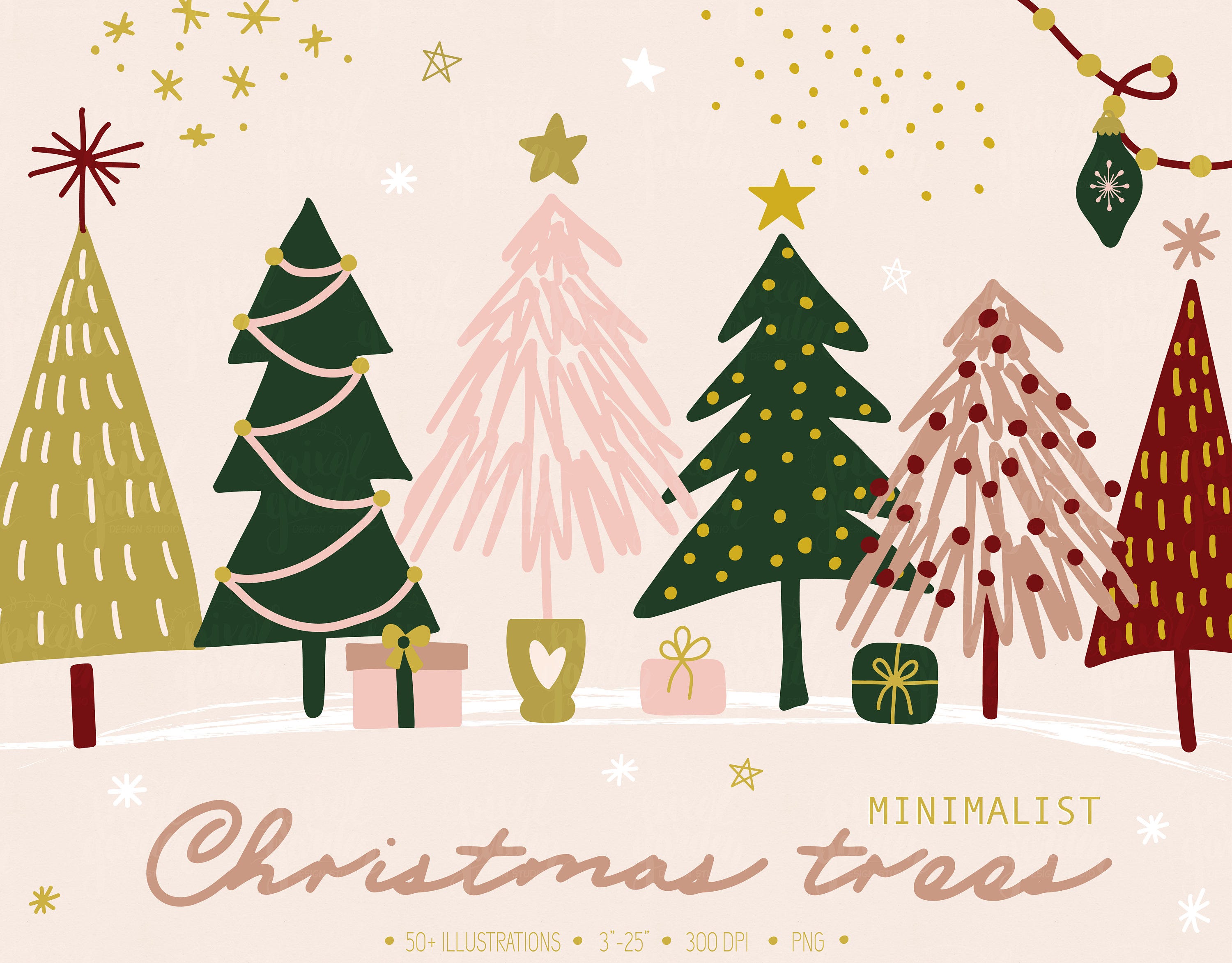 Christmas Tree Clipart. Hand Drawn Minimalist Illustrations. Winter Fir Tree Doodles. Christmas Tree Gift Tags, Cards in Gold, Pink, Silver.