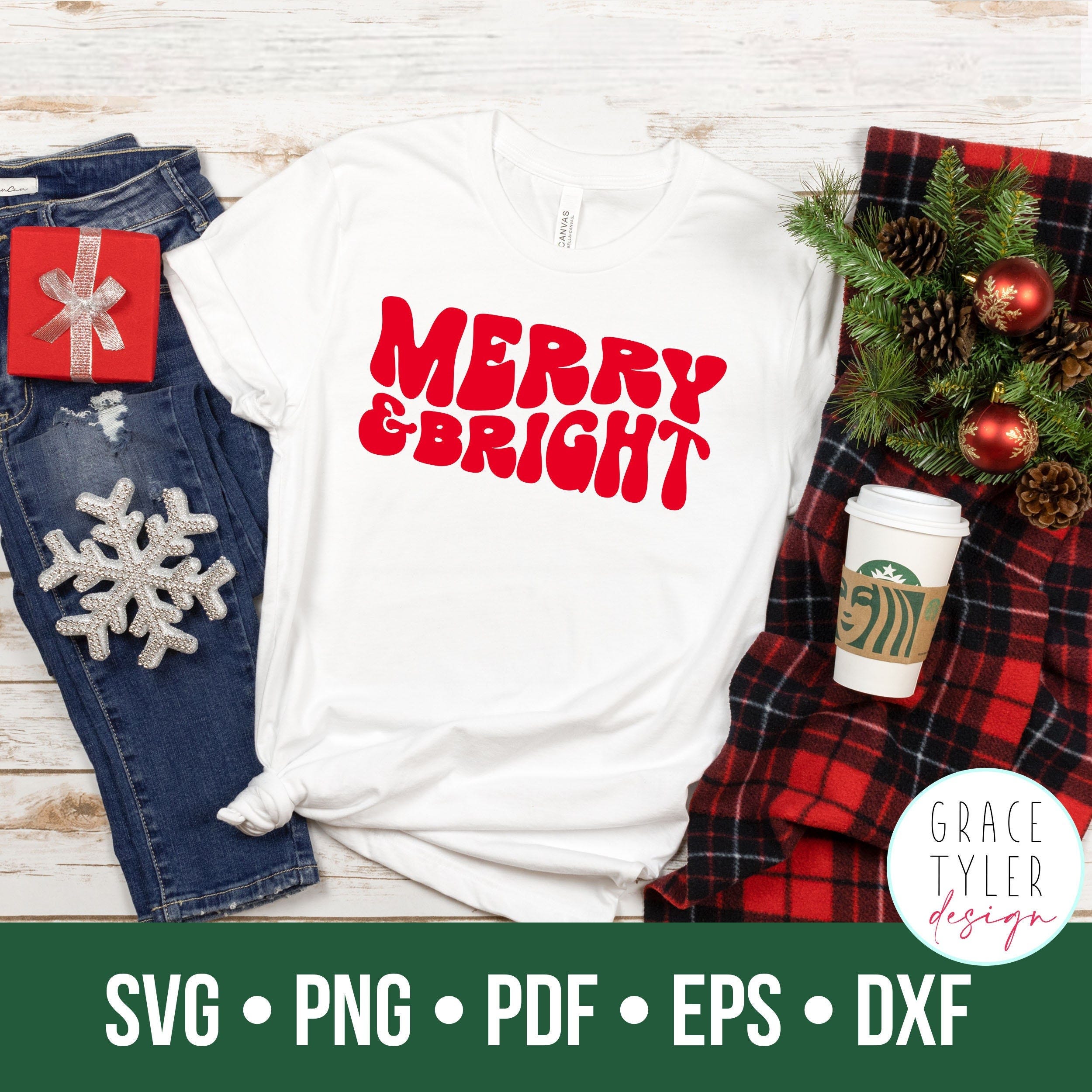 Merry & Bright SVG, Merry Christmas Svg, Merry and Bright svg, Wavy Letters Svg, Holiday svg, Winter, Svg Dxf Eps PDF Png Silhouette Cricut