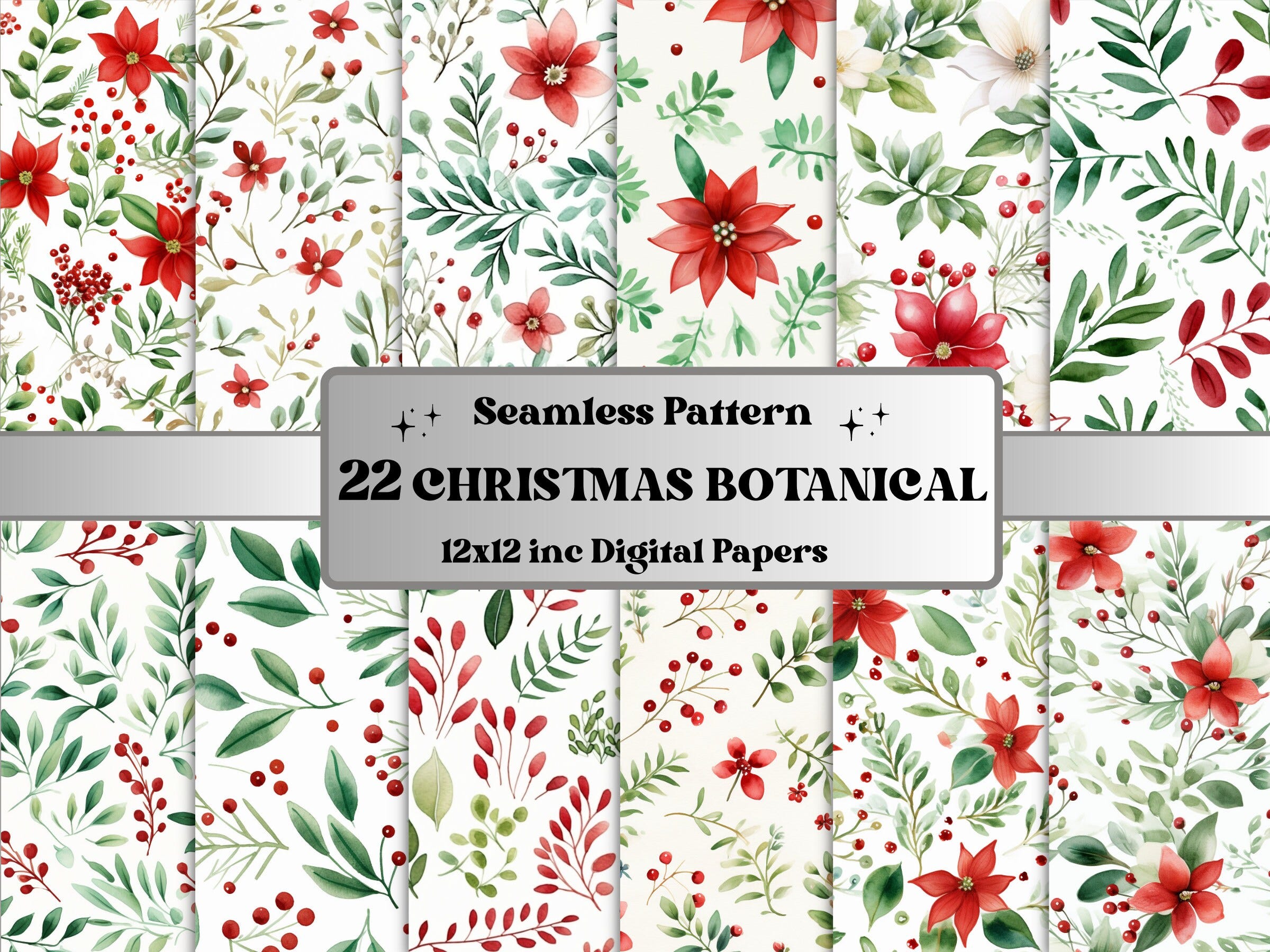 Seamless Watercolor Christmas Botanical Digital Paper Pack, Winter Flowers Seamless Pattern, Christmas Texture Background, Scrapbook Papers