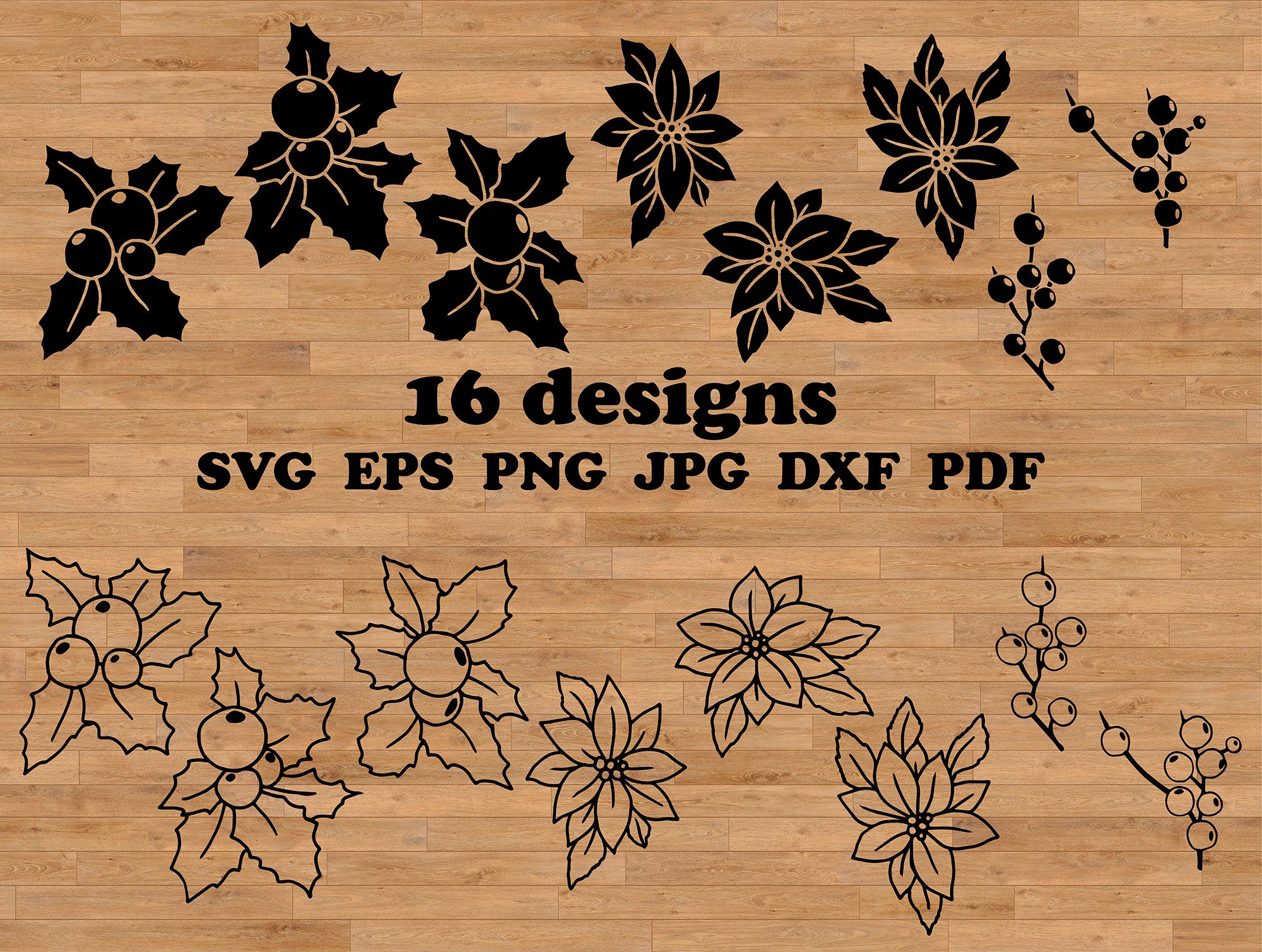 christmas flower svg, christmas holly svg, holly berry leaves, holly cut file, xmas decorations, poinsettia svg file, december svg
