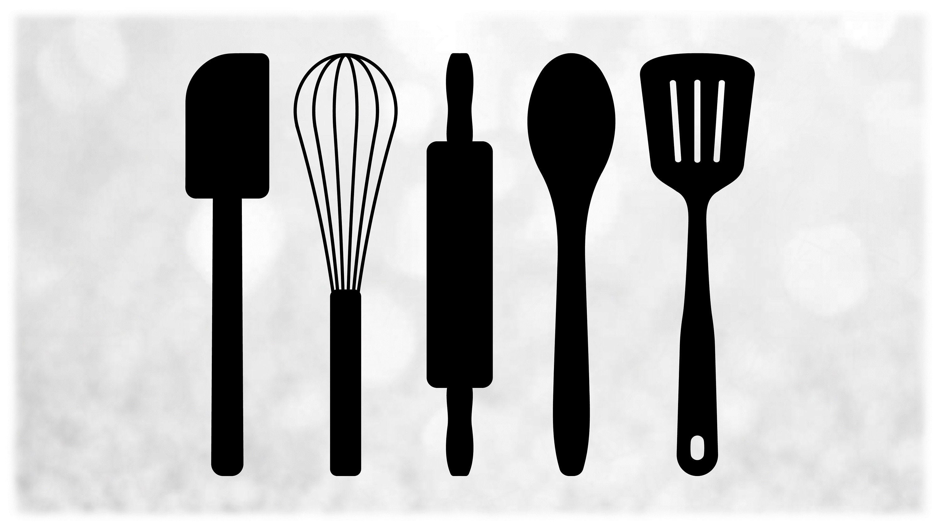 Shape Clipart: Black Solid Silhouettes of Whisk, Rolling Pin, Spoon and Spatula Utensils  Kitchen Theme - Digital Download svg png dxf pdf