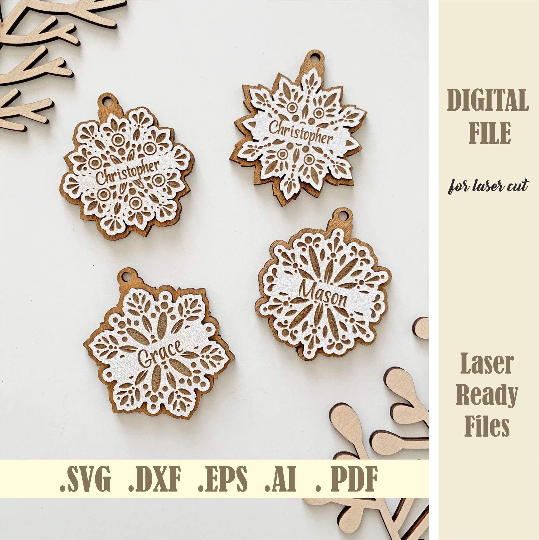 Snowflake Christmas Ornaments SVG Bundle, Baby First Christmas Ornament SVG Laser Cut File, Family Christmas Decor Digital Glowforge