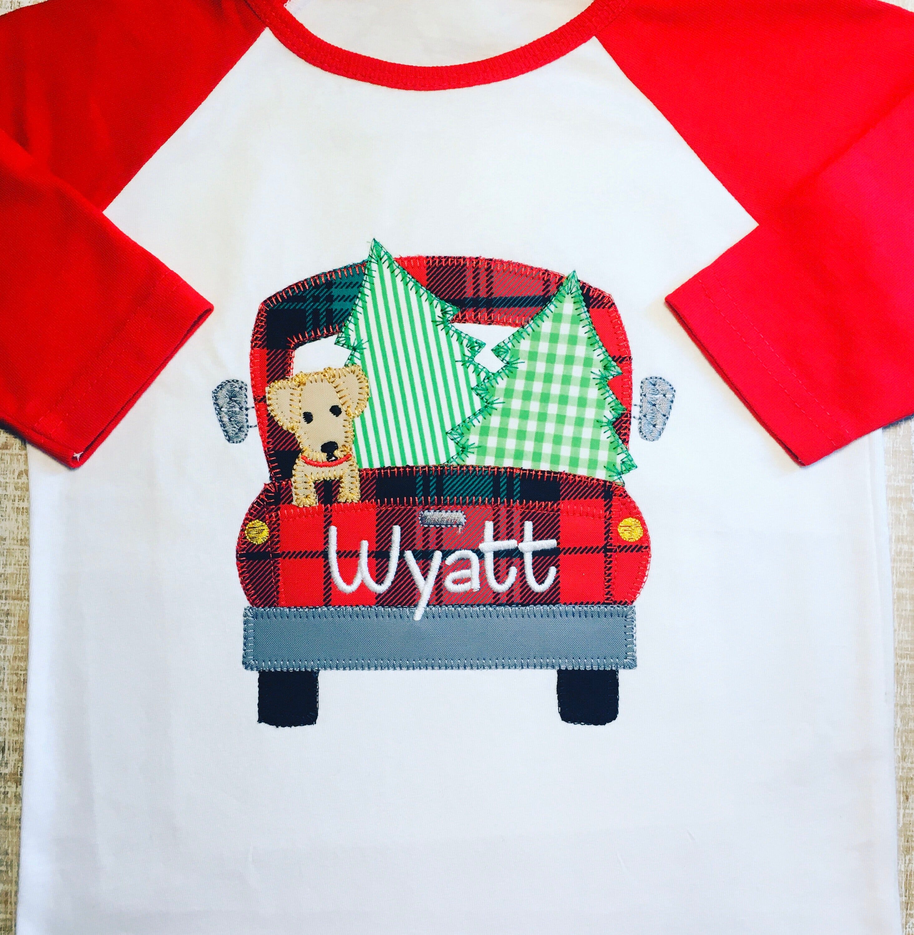 Christmas Truck with Dog and Trees Embroidered Bodysuit or T-Shirt