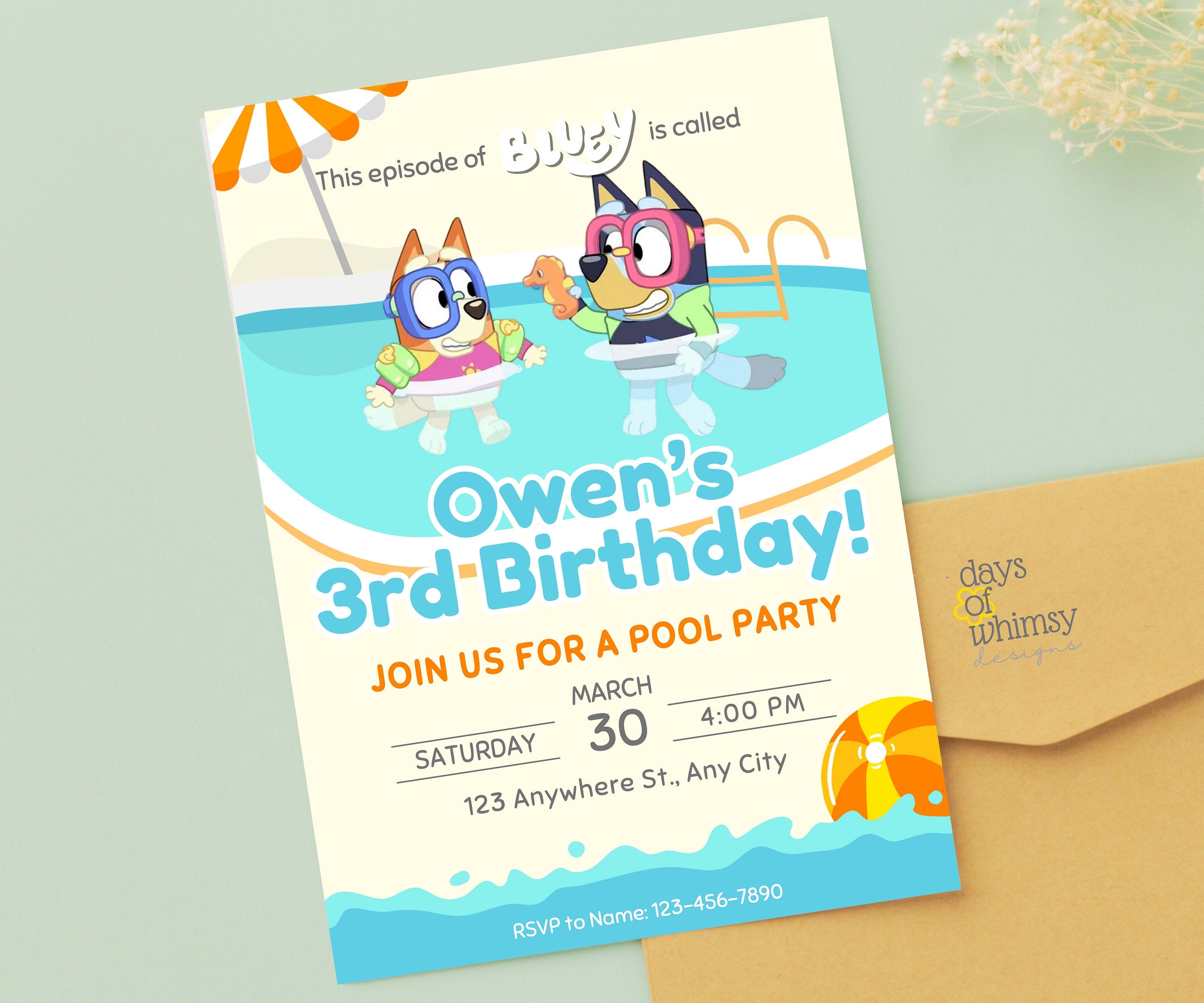 Editable Summer Bluey Pool Party Birthday Invitation, Digital Canva Template, Kids Toddler Girl Boy Birthday Invite, Instant Download