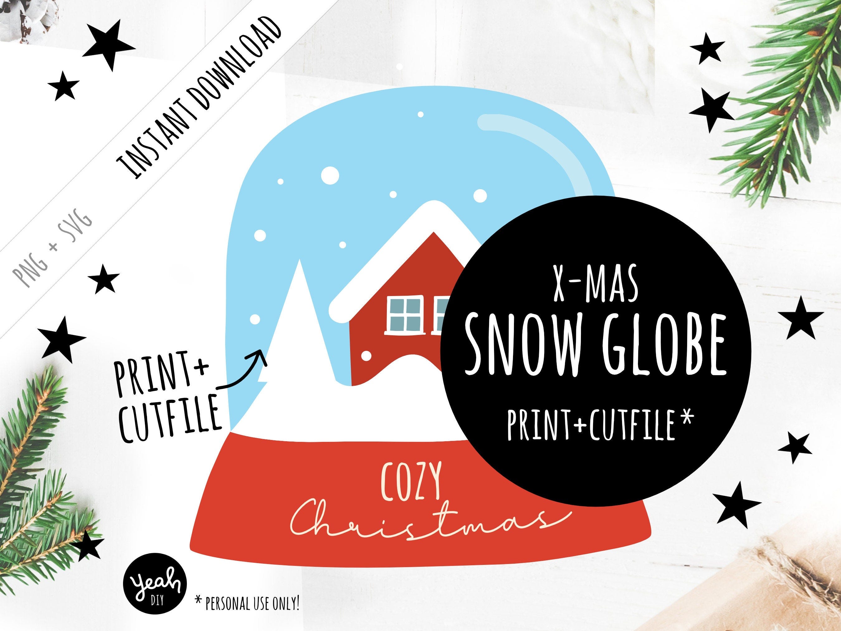 Christmas snow globe with house + fir trees winter landscape: DIY clipart vector template (SVG + PNG) download for printing, flex foil + plotter