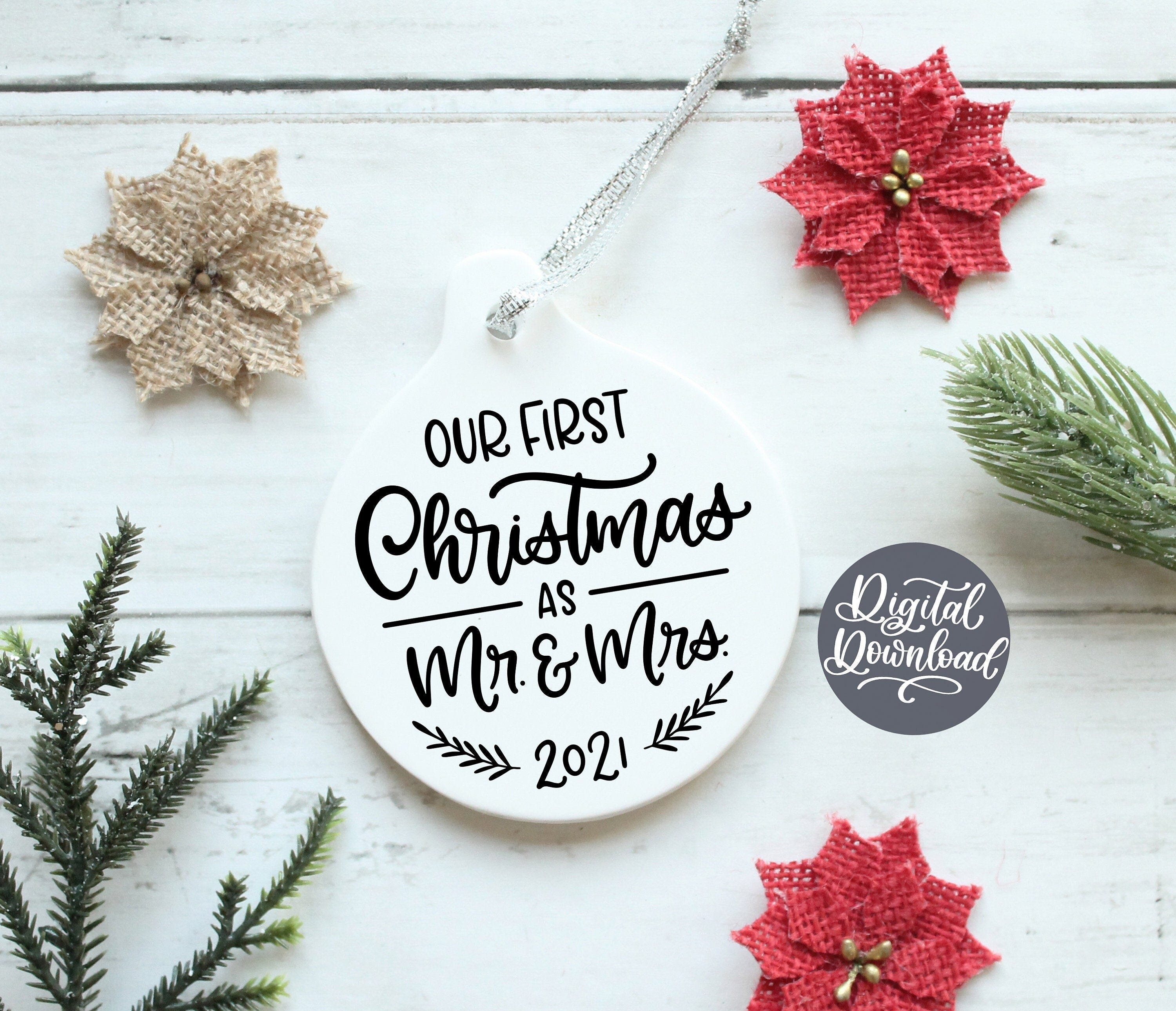 Our First Christmas as Mr. and Mrs. 2021 SVG PNG DXF | Round Christmas Ornament svg | Hand Lettered svg | Christmas Ornament clipart