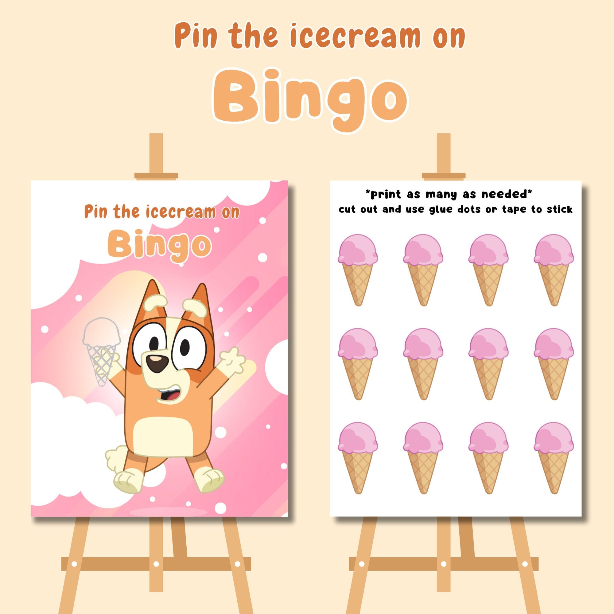 Pin the tail Bingo, pin the icecream, Bluey Party, Bluey theme, Bluey Birthday, Bluey and Bingo, Bluey Party Game, Bluey Activities,