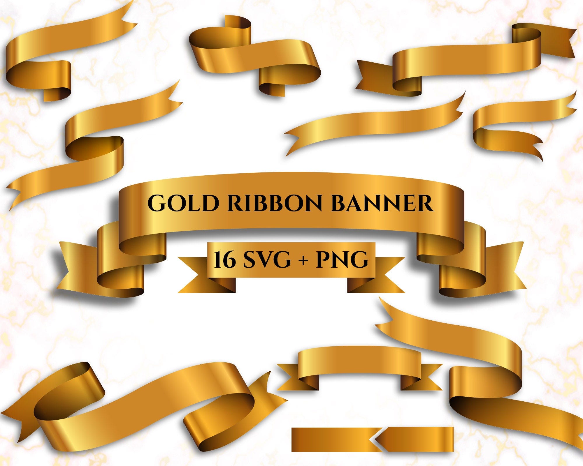 Gold Glossy Ribbon Banners Set - Gold Ribbon svg, gold glossy ribbon svg, Ribbon Banner svg, Curled Tag,  Ribbon Clipart, Gold Banner Svg