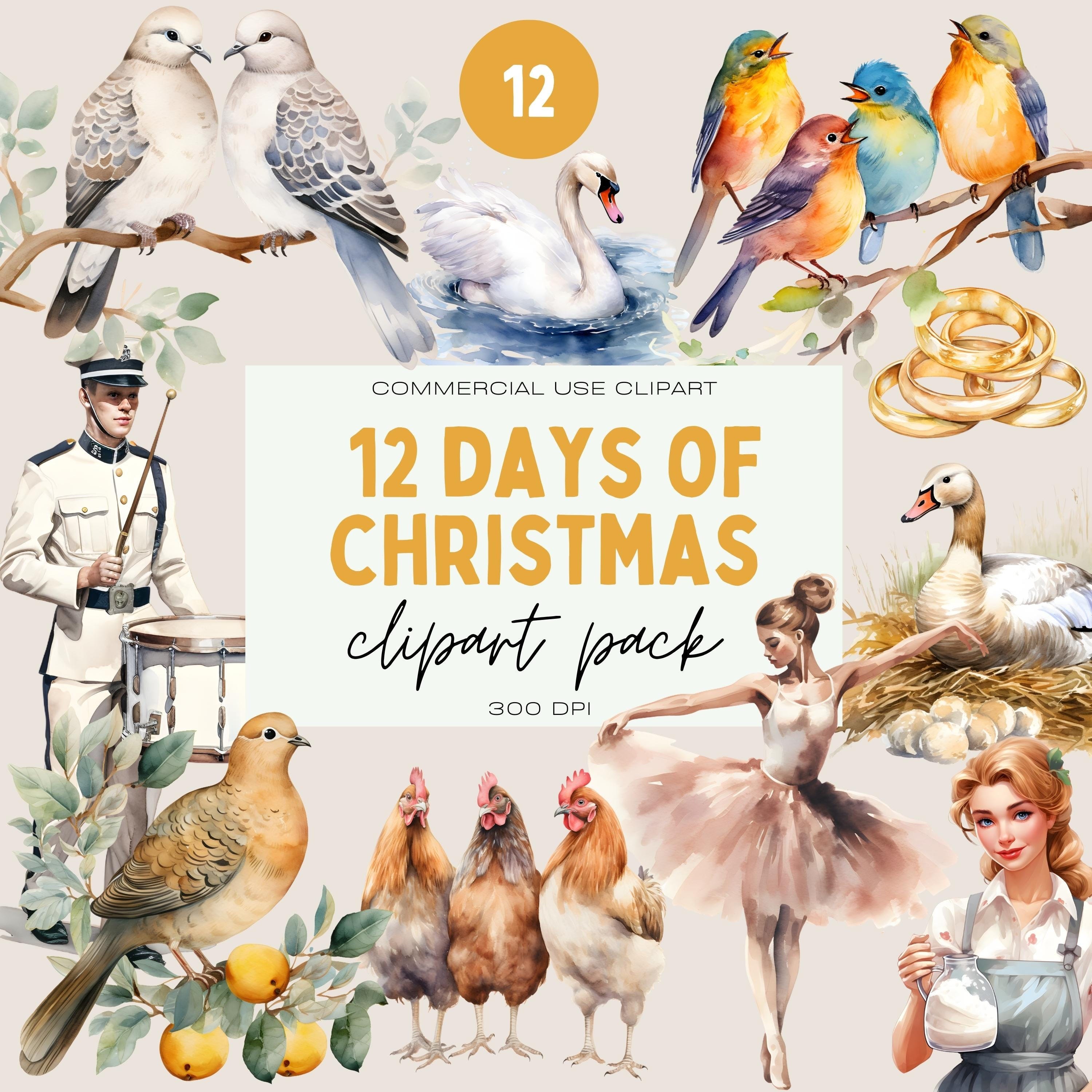 The 12 Days of Christmas Watercolor Clipart Pack, Transparent PNG, Christmas Themed Clipart, Commercial Use, Religious Xmas Download