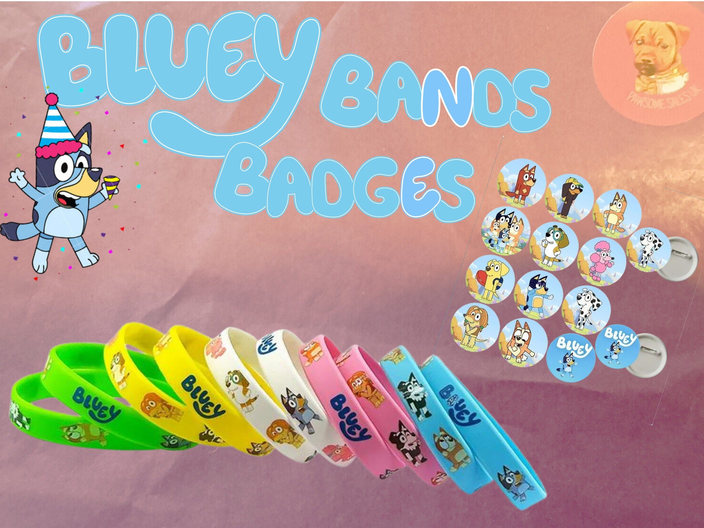 Bluey Party Bag Favours Wristband + Badges for Kids Birthday Fun Bluey-Themed Party Supplies