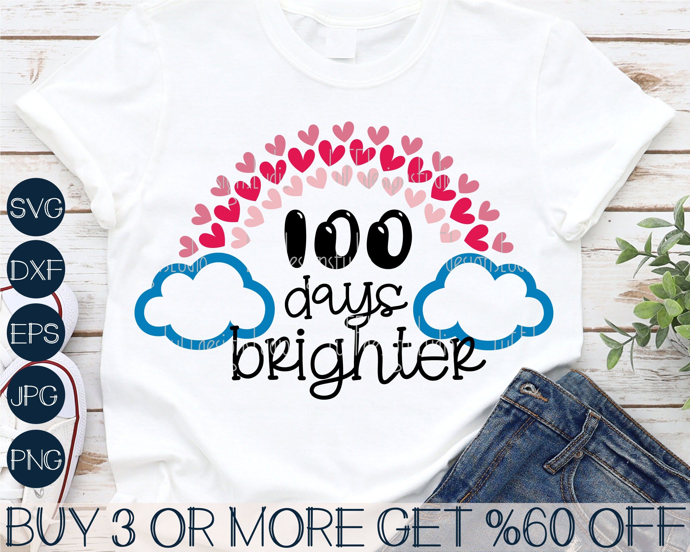 Girls 100 Days Of School SVG, 100 Days Brighter SVG, Rainbow SVG, Hearts Svg, Png, Dxf, Svg File For Cricut, Sublimation Designs Downloads