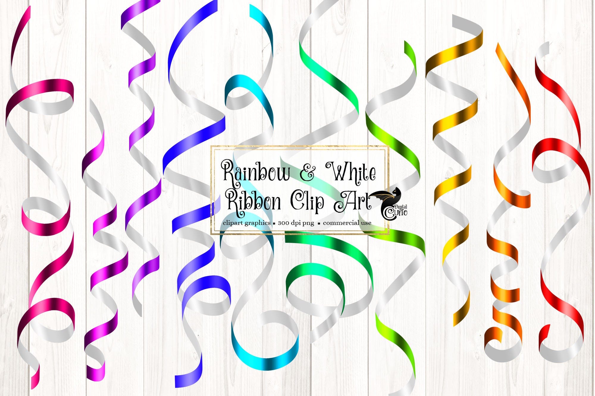 Rainbow and White Ribbon Clip Art - curling ribbons in png format instant download for commercial use