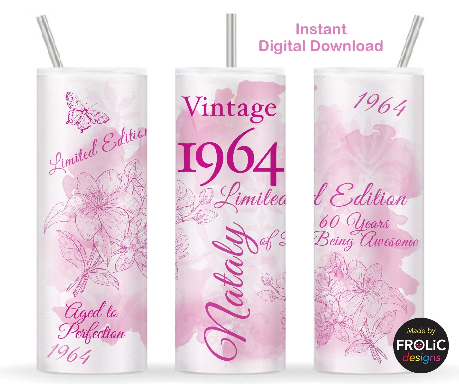 60th Birthday women Vintage 1964 Tumbler Wrap 1964 Limited edition Aged to Perfection 60 Years old Birthday MOM 20oz Skinny Tumbler Wrap PNG