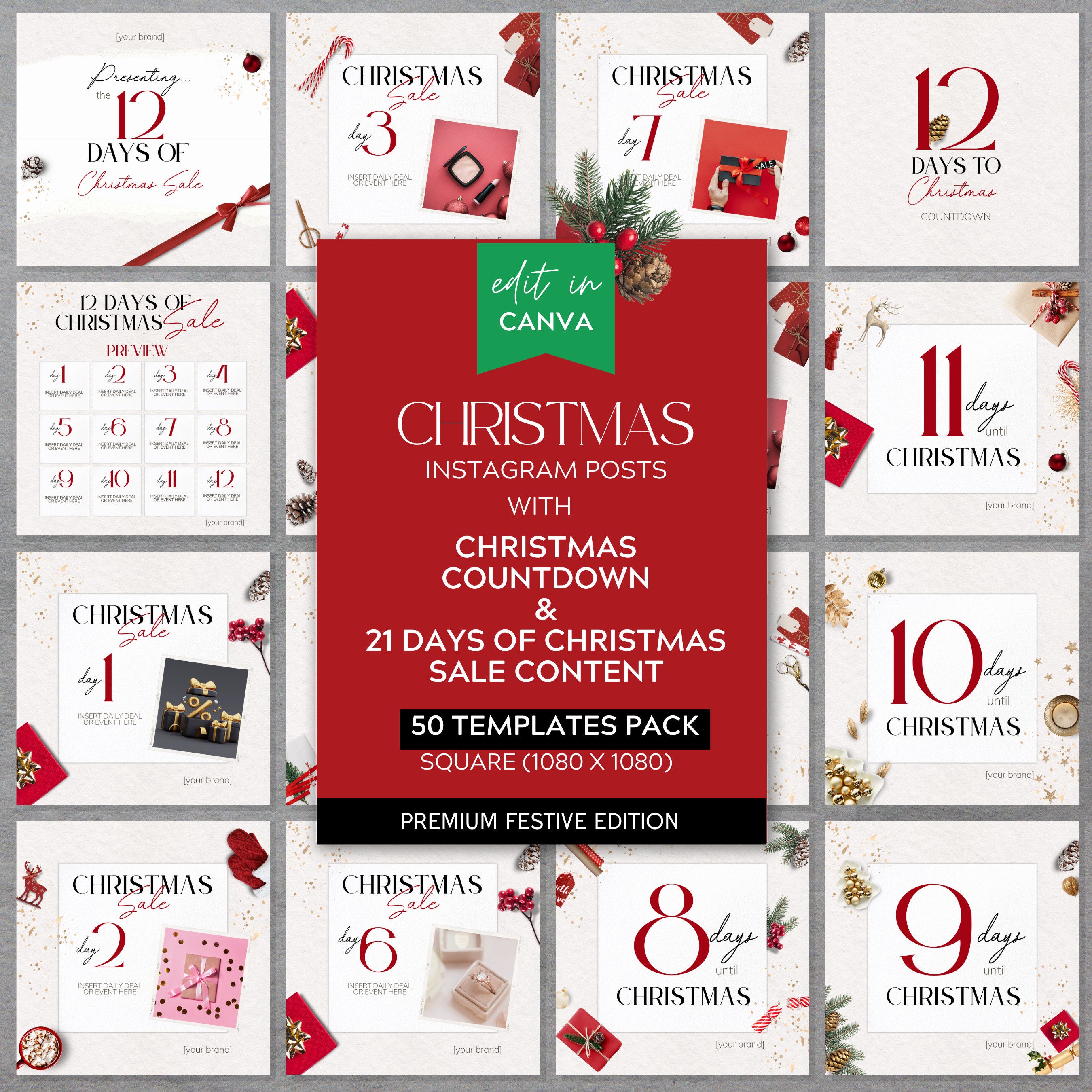 12 Days of Christmas Instagram Templates for Retail Shops, Editable Canva Social Media Templates, Instagram Templates for Holiday Marketing