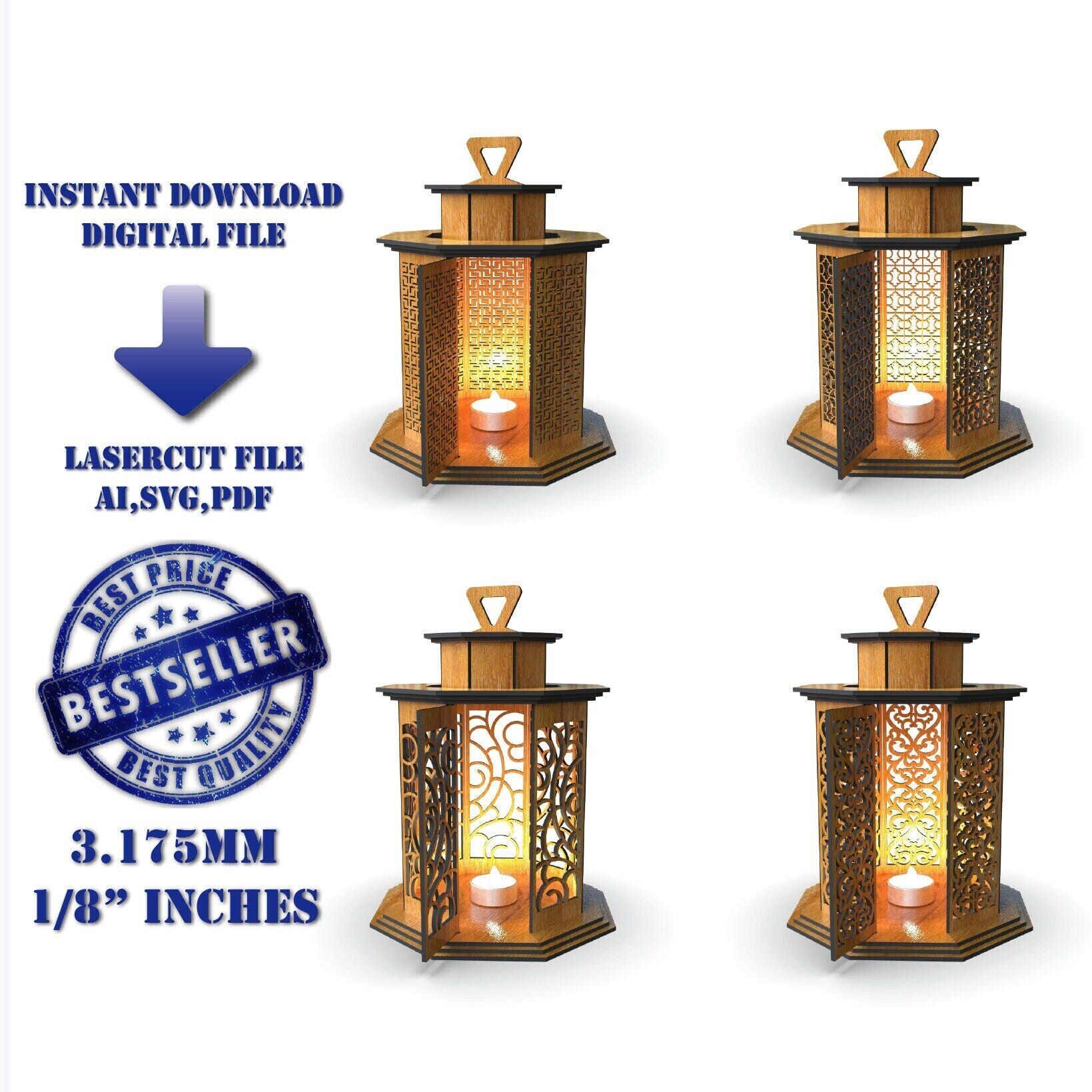 Wooden Lantern Set of 4 SVG Bundle, 4 Different Patterned Ornamental Lanterns Set svg, Decorative tealight candle holder svg, svg glowforge