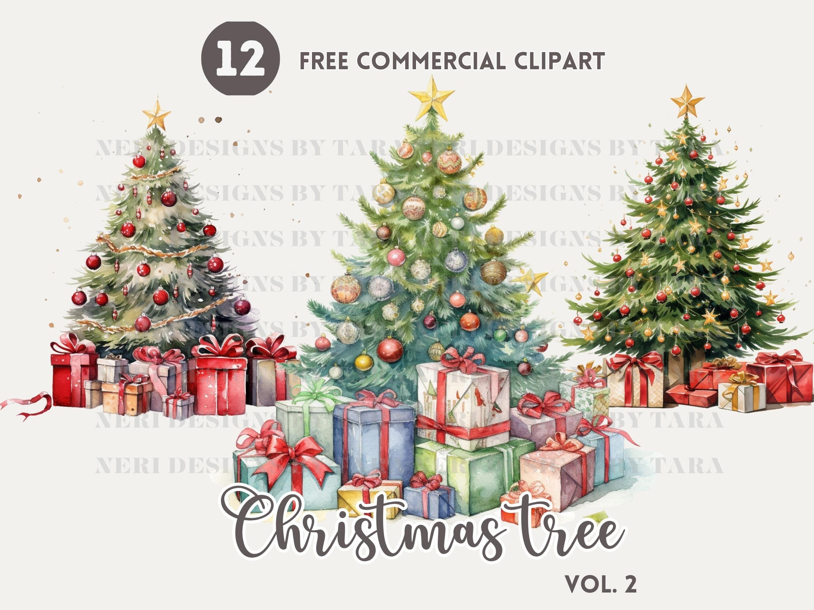 Festive Christmas Tree Watercolor Clipart Bundle, Holiday Season Free Commercial PNG, Christmas tree with presents Illustration