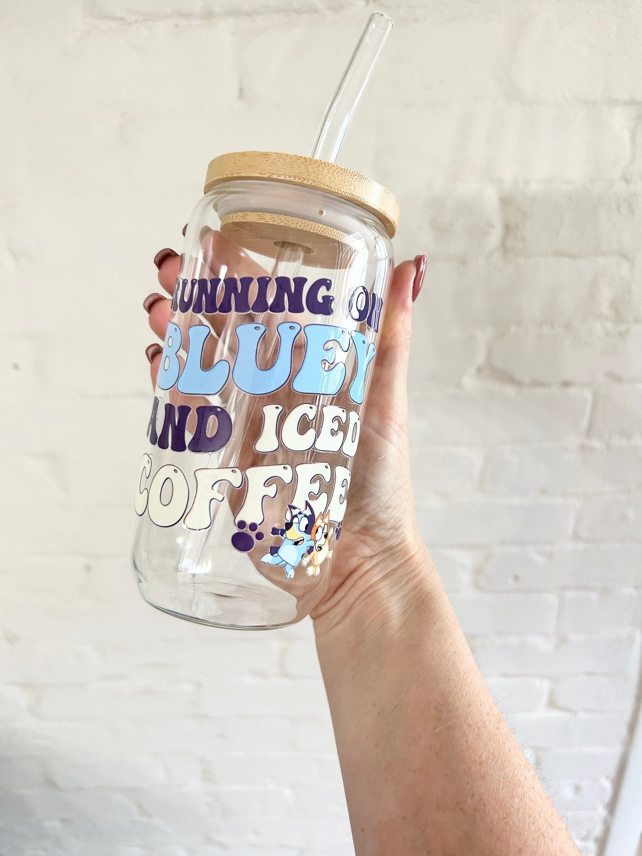 Bluey ; iced coffee glass; beer can glass; funny gift; lid and straw