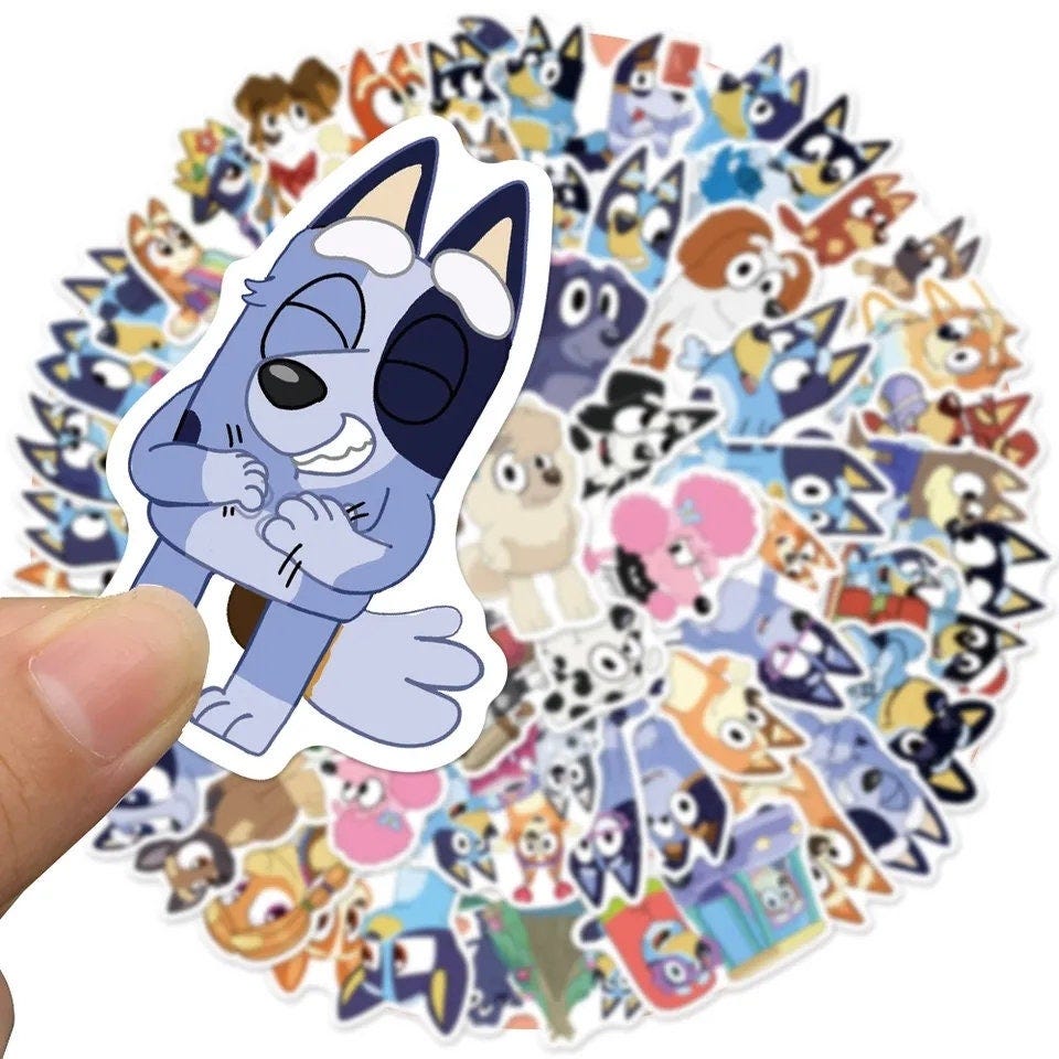 Childrens Character dog. Bluey and Bingo themed stickers. Decals. Party supplies. Graffiti.