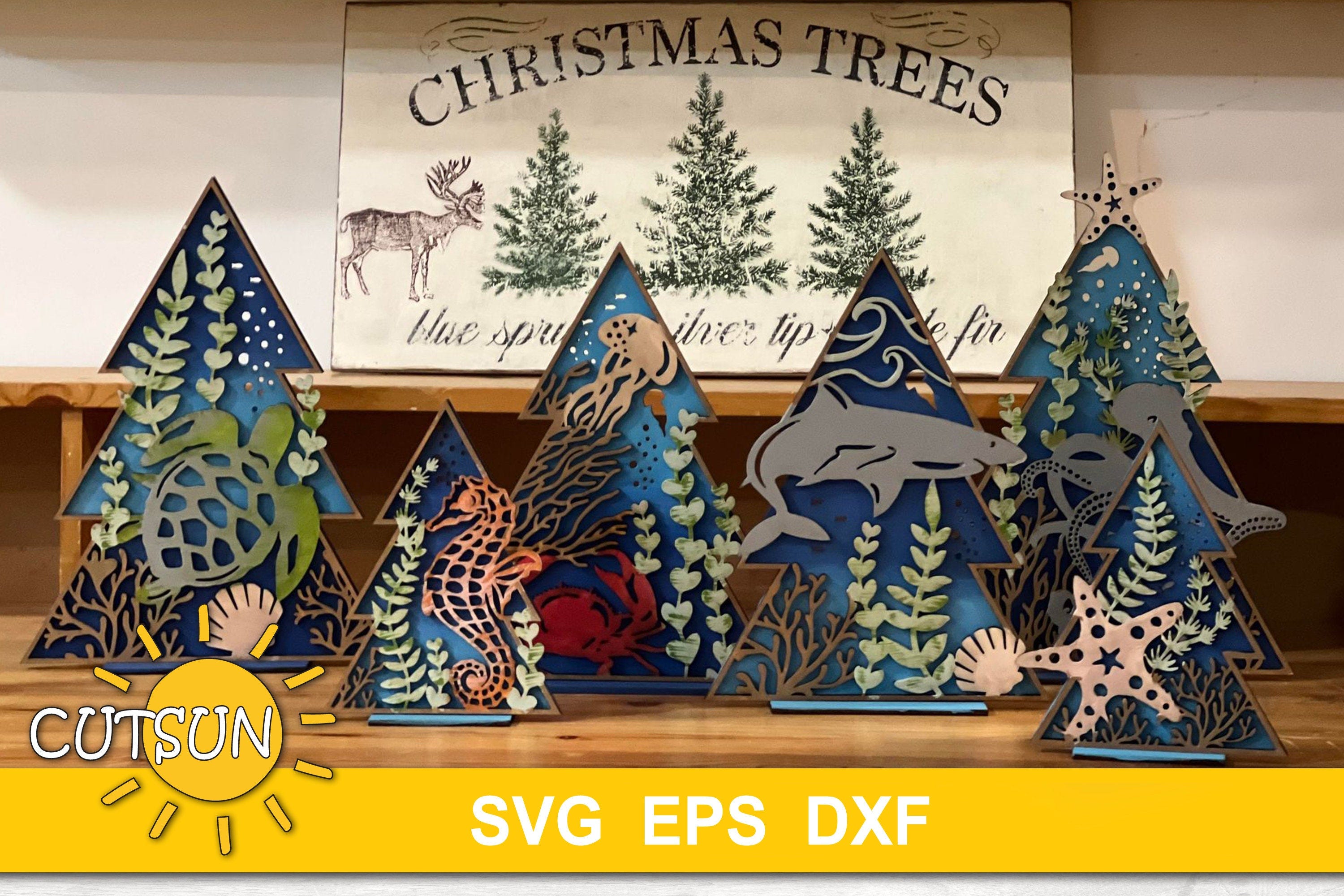 Patterned Standing Christmas trees Sea life SVG | Beach Decor SVG | Christmas decor | Glowforge svg | Laser cut file