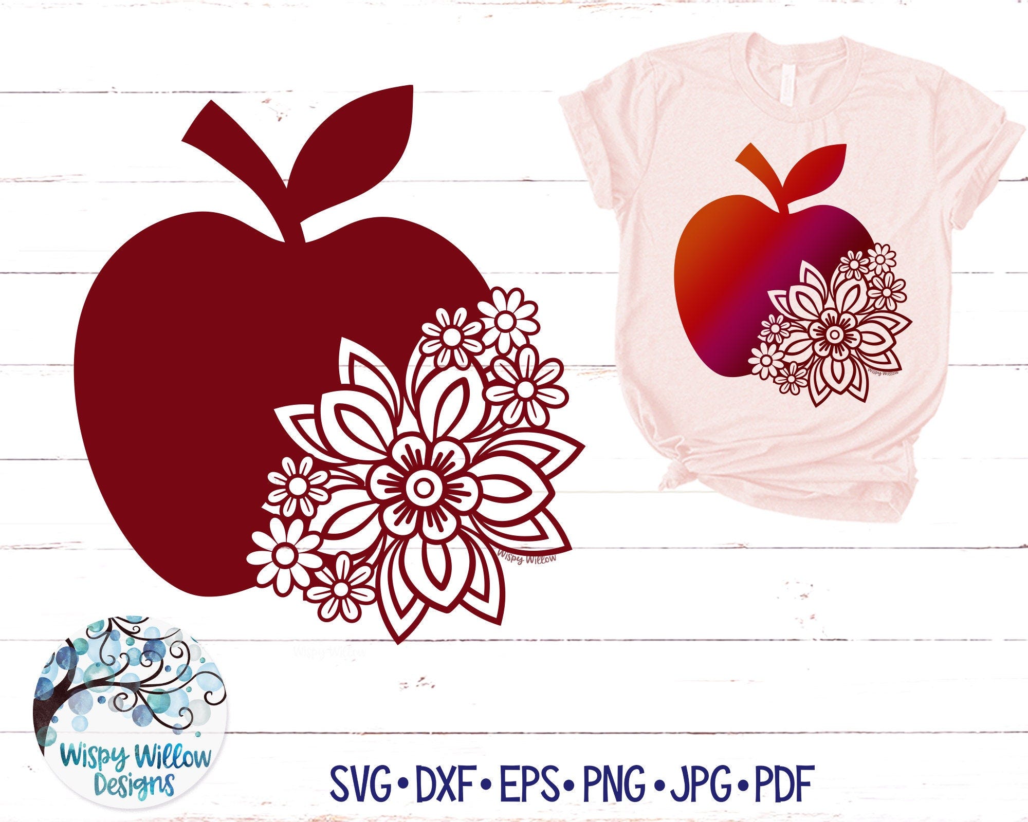 Floral Apple SVG, Apple Mandala Svg, Apple with Flowers SVG, Fall, Autumn, Teacher, School, Pretty Apple, Floral Apple Vinyl Decal File SVG