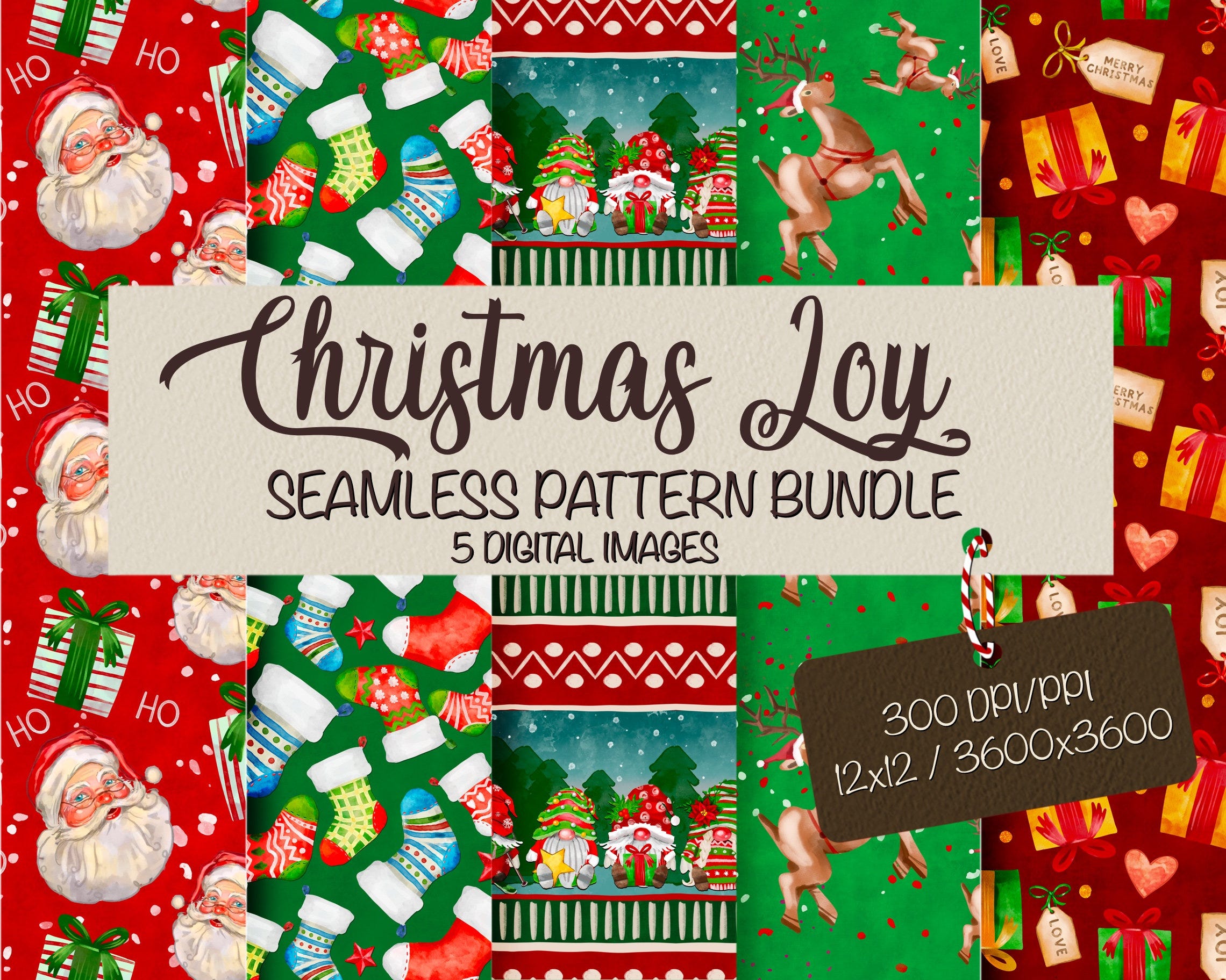 Christmas Joy Seamless Pattern Png Design Bundle, Watercolor Christmas Seamless Digital Paper, Christmas PNG and digital scrapbooking