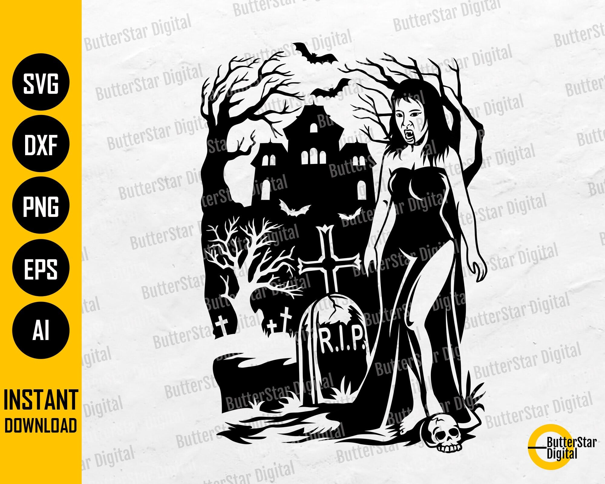 Female Vampire SVG | Horror Scene SVG | Halloween T-Shirt Decal Vinyl Stencil Decor | Cricut Cut File Clip Art Vector Digital Dxf Png Eps Ai