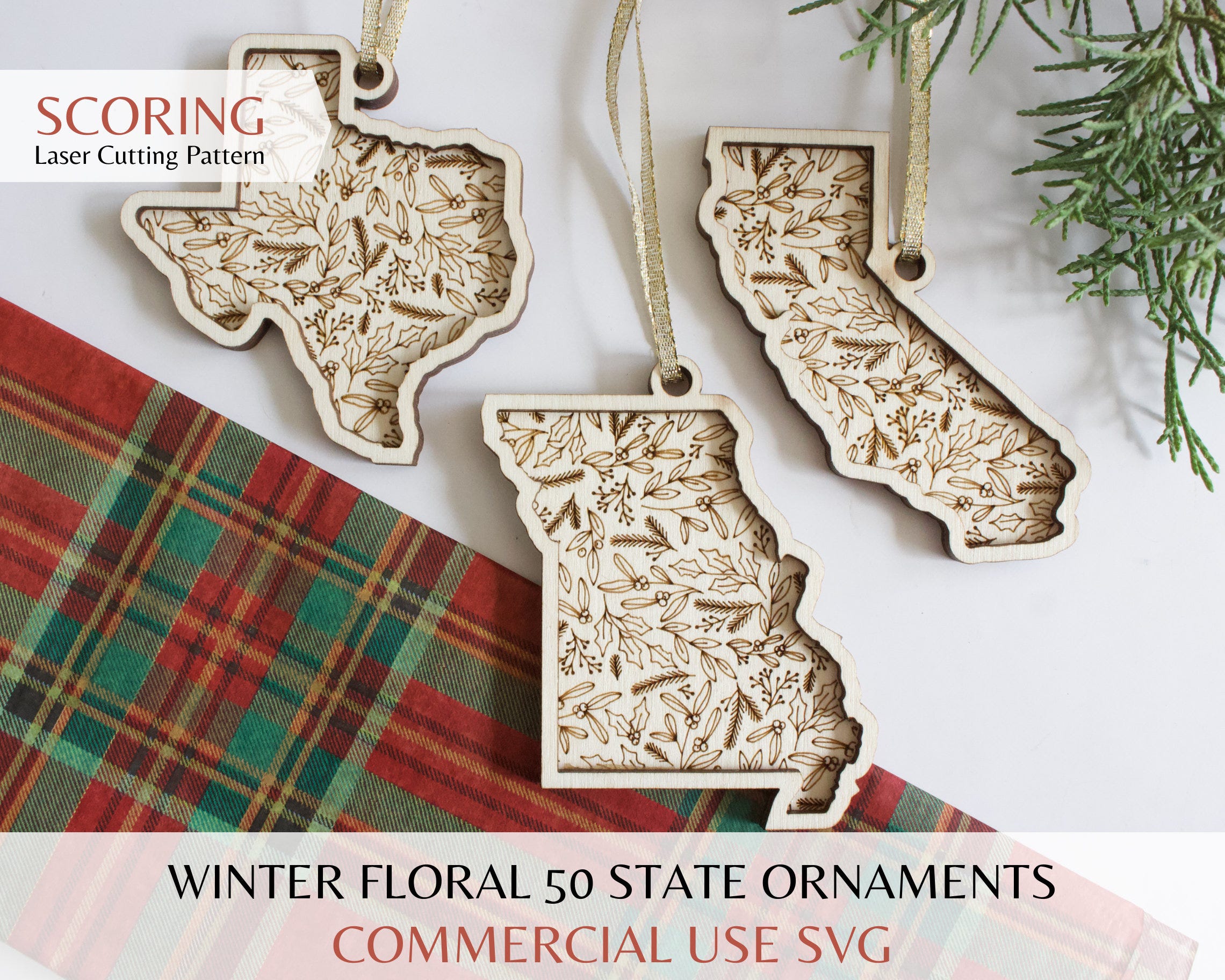SCORING Winter Floral 50 USA States Ornaments SVG Files | Glowforge Laser Cutting Wood | Christmas Holiday Present Stocking Cut Pattern