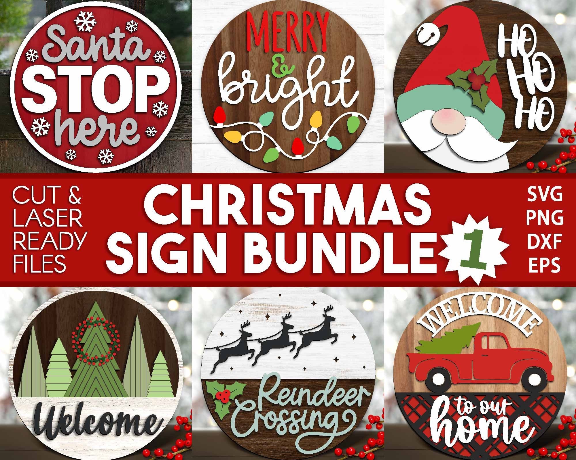 Christmas Laser Sign Bundle, Digital download, Round door hanger, Glowforge laser file, Cricut cut file, Silhouette, Holiday welcome svg
