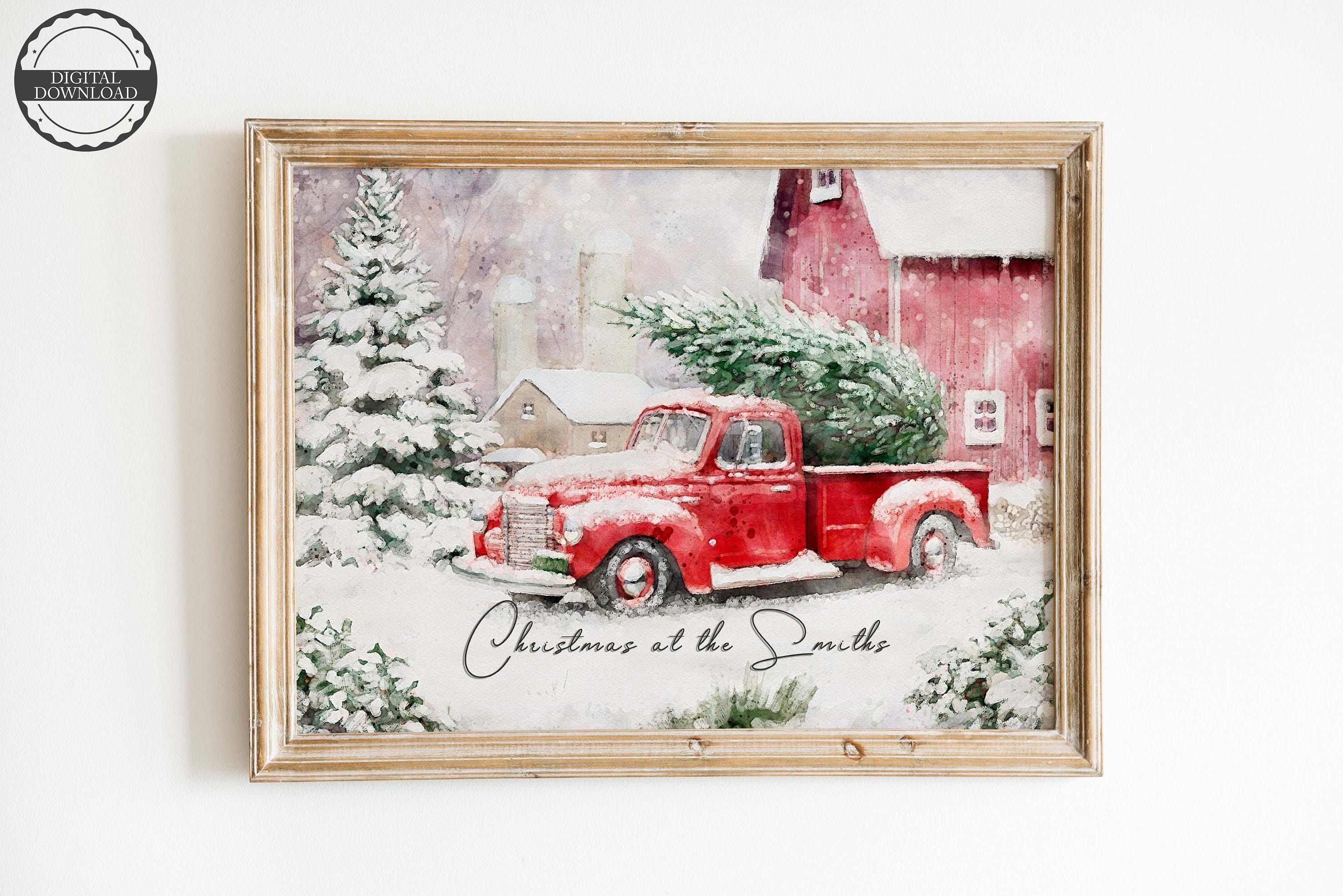 Red Truck Christmas Print, Vintage Christmas truck, Personalised Christmas gift, Vintage Christmas wall art, Christmas printable wall art