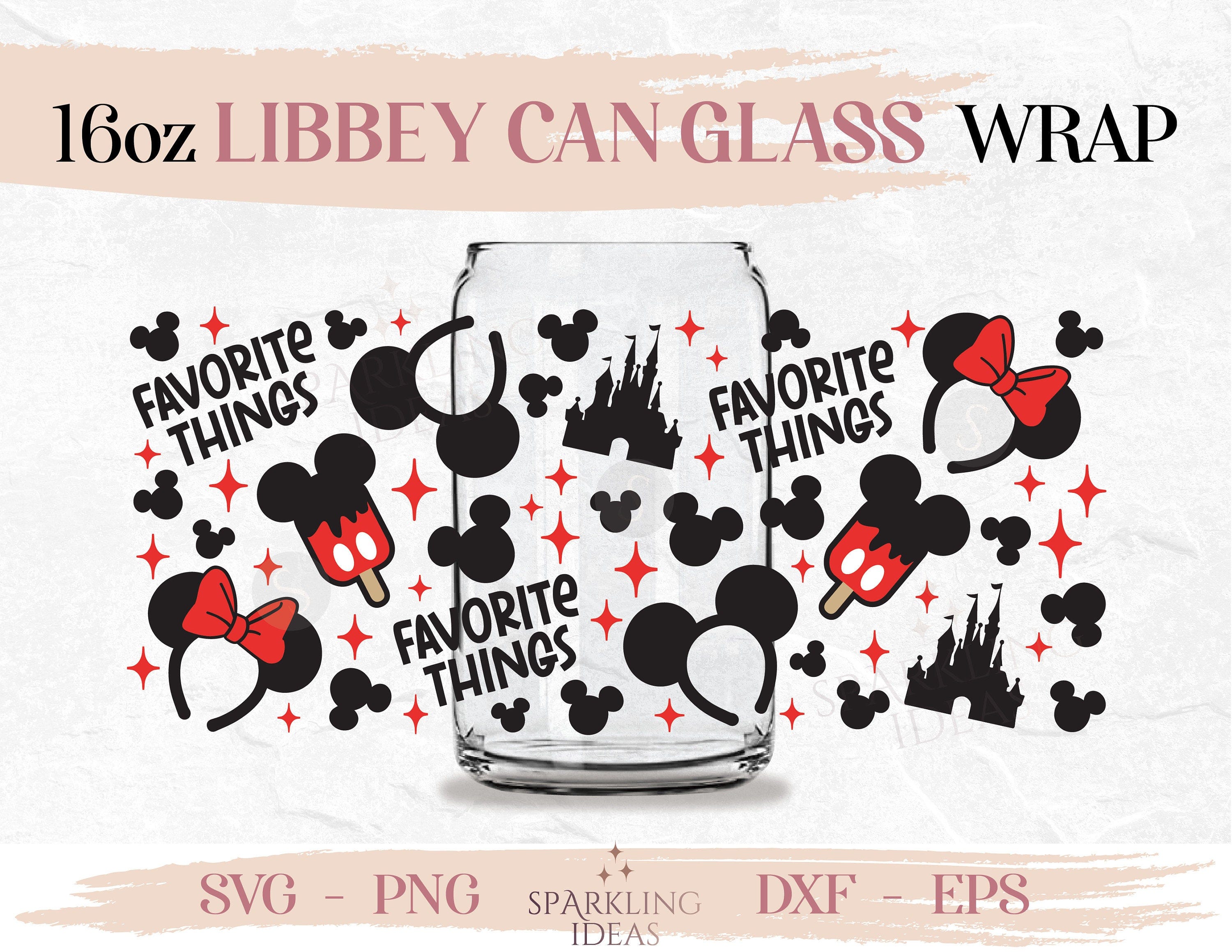 Favorite Things Mouse Ears and Ice Cream LIBBEY Can glass wrap SVG 16oz, Magical Castle Libbey Glass Svg, Mouse Ears Headband Wrap Svg